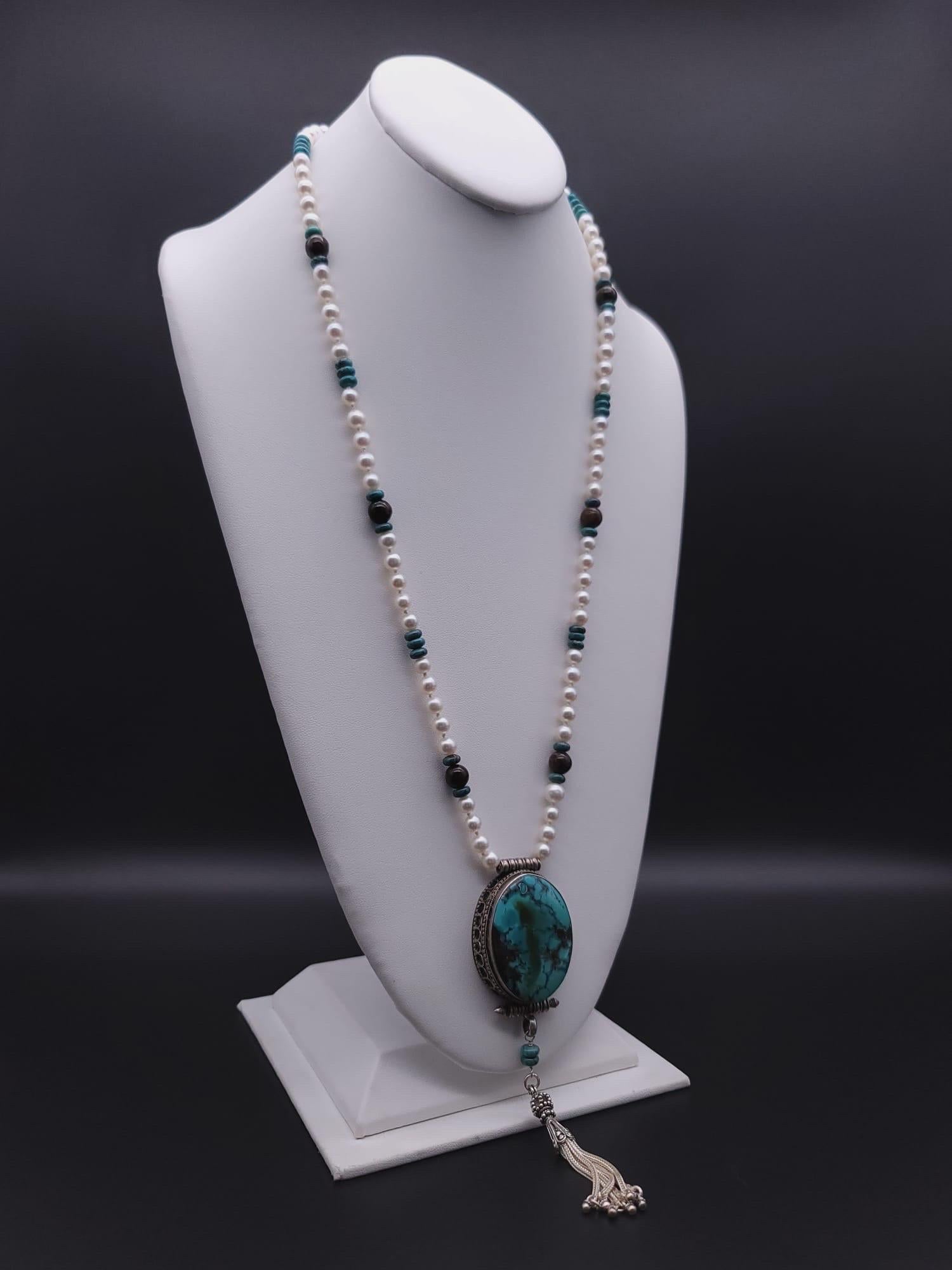 A.Jeschel Sophisticated long freswater Pearl necklace with Turquoise pendant. For Sale 10