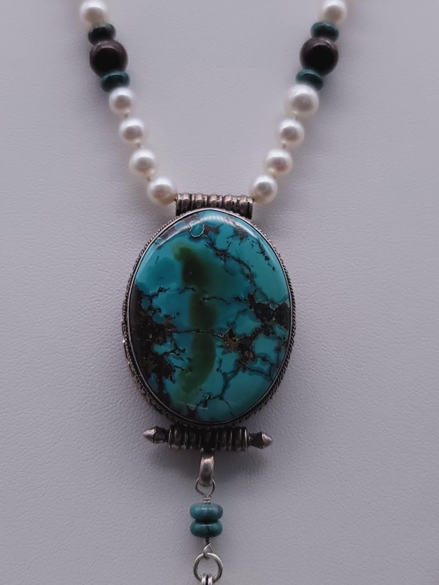 A.Jeschel Sophisticated long freswater Pearl necklace with Turquoise pendant. For Sale 11