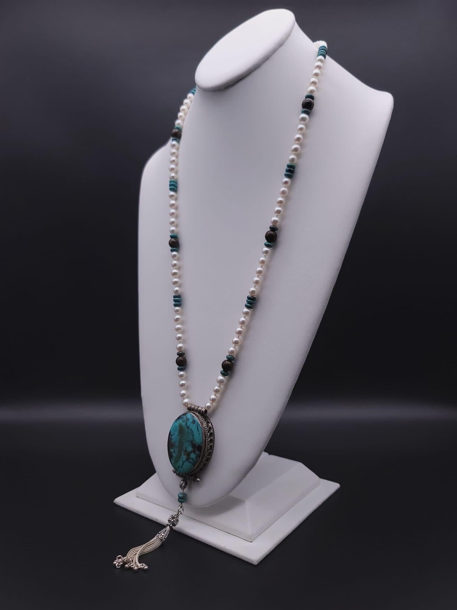 A.Jeschel Sophisticated long freswater Pearl necklace with Turquoise pendant. For Sale 13