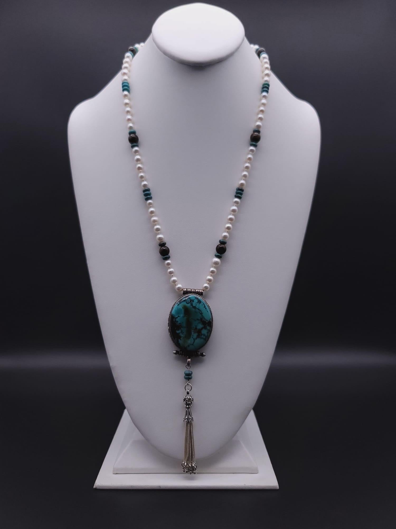 A.Jeschel Sophisticated long freswater Pearl necklace with Turquoise pendant. For Sale 14