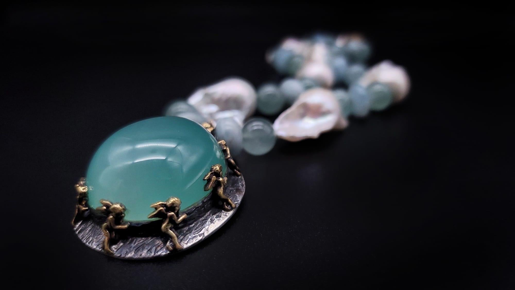 A.Jeschel Massive Aquamarine Pendant suspended from Baroque Pearl Necklace In New Condition For Sale In Miami, FL