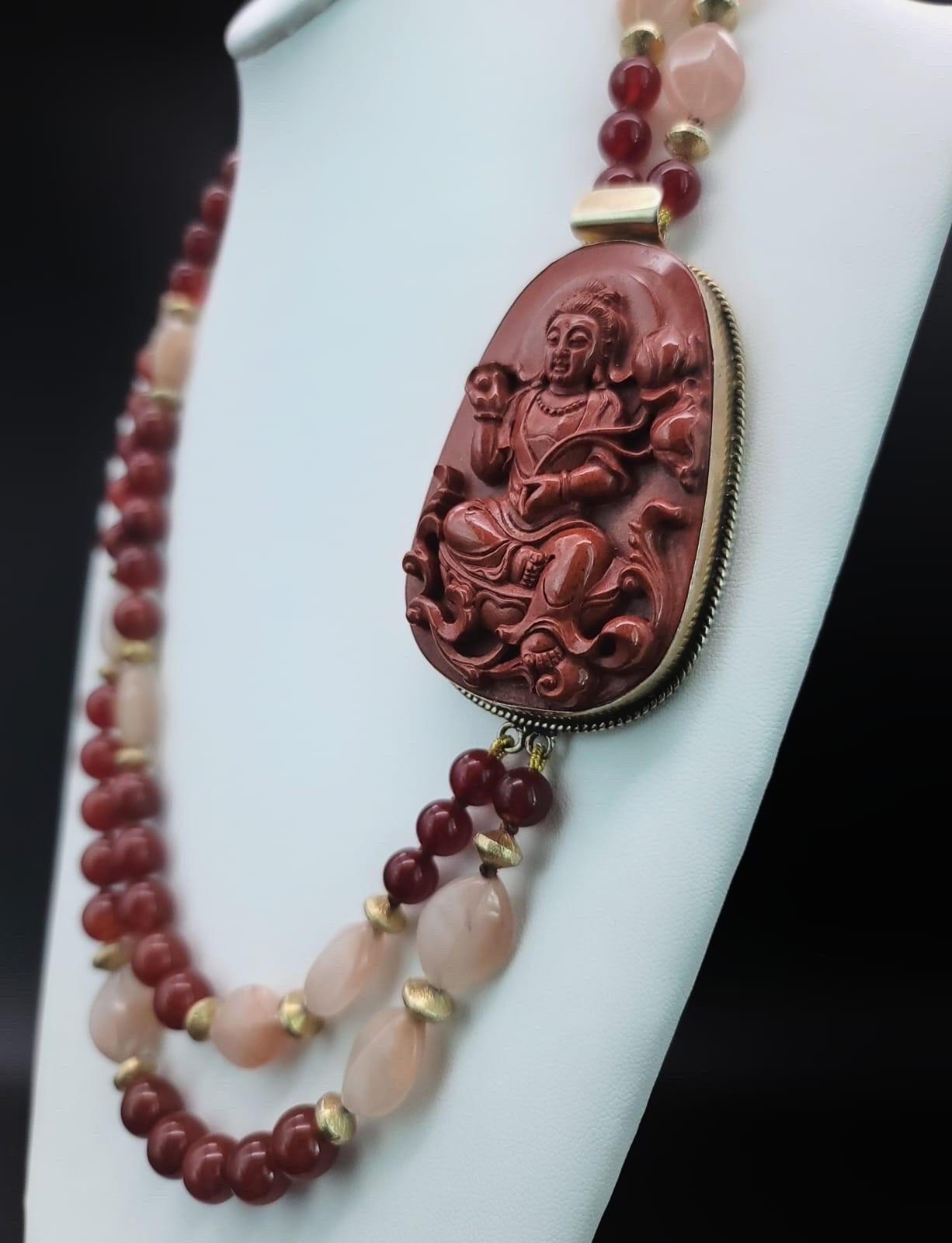 Mixed Cut A.Jeschel Carved Aventurine Buddha signature clasp necklace