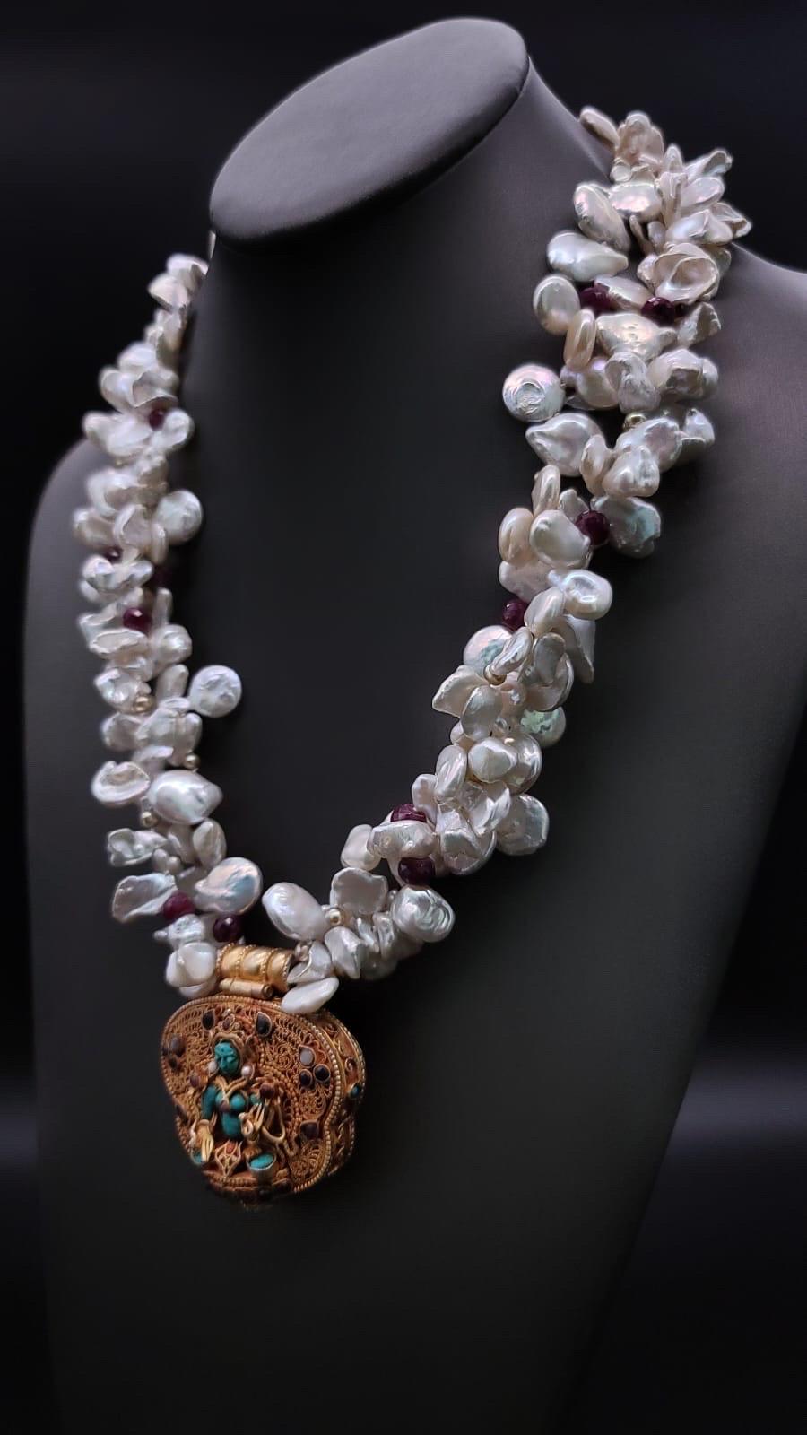 A.Jeschel  Stunning Vintage Ghau Box suspended from a Pearl and Ruby Necklace. For Sale 7