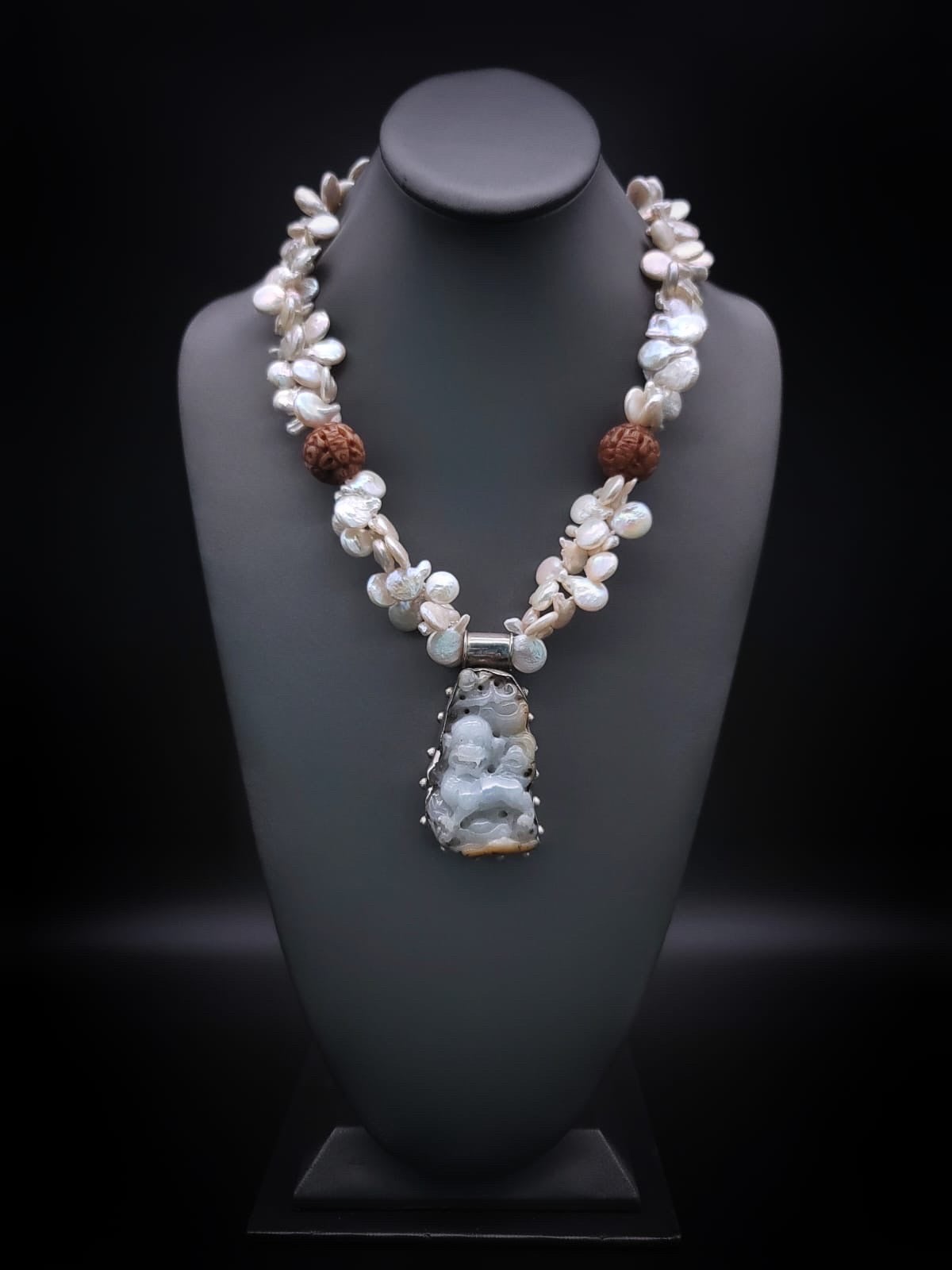 A.Jeschel Pearl necklace with a statement jade pendant. For Sale