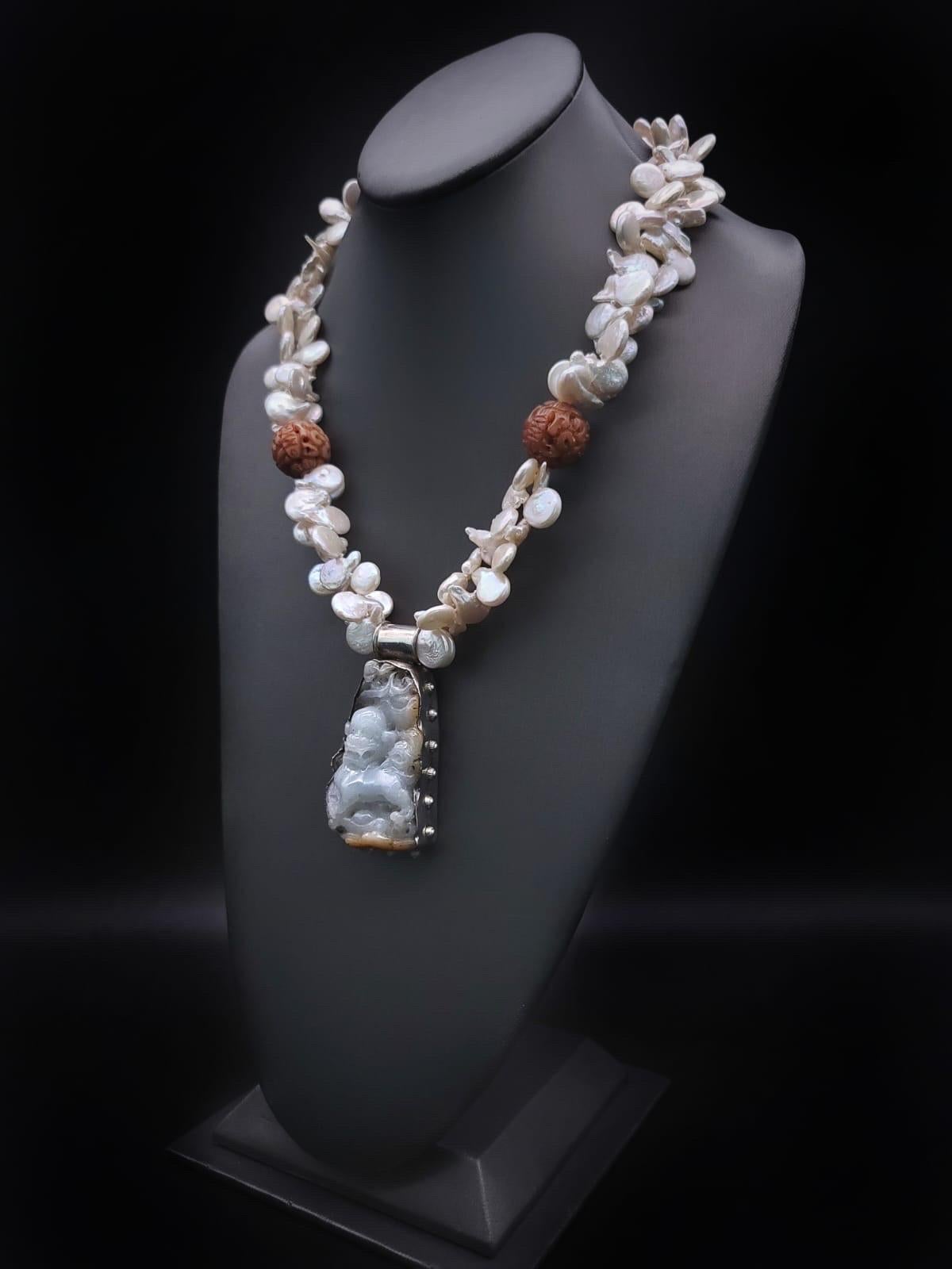 A.Jeschel Pearl necklace with a statement jade pendant. In New Condition For Sale In Miami, FL