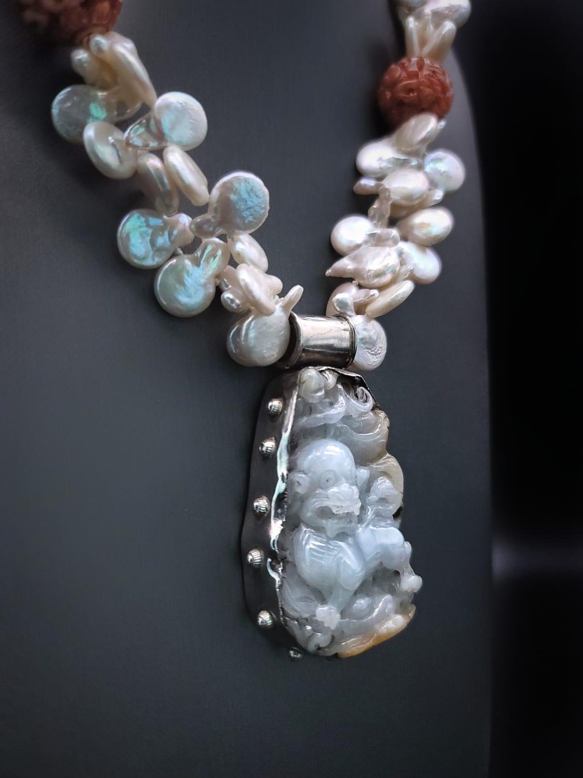 A.Jeschel Pearl necklace with a statement jade pendant. For Sale 2
