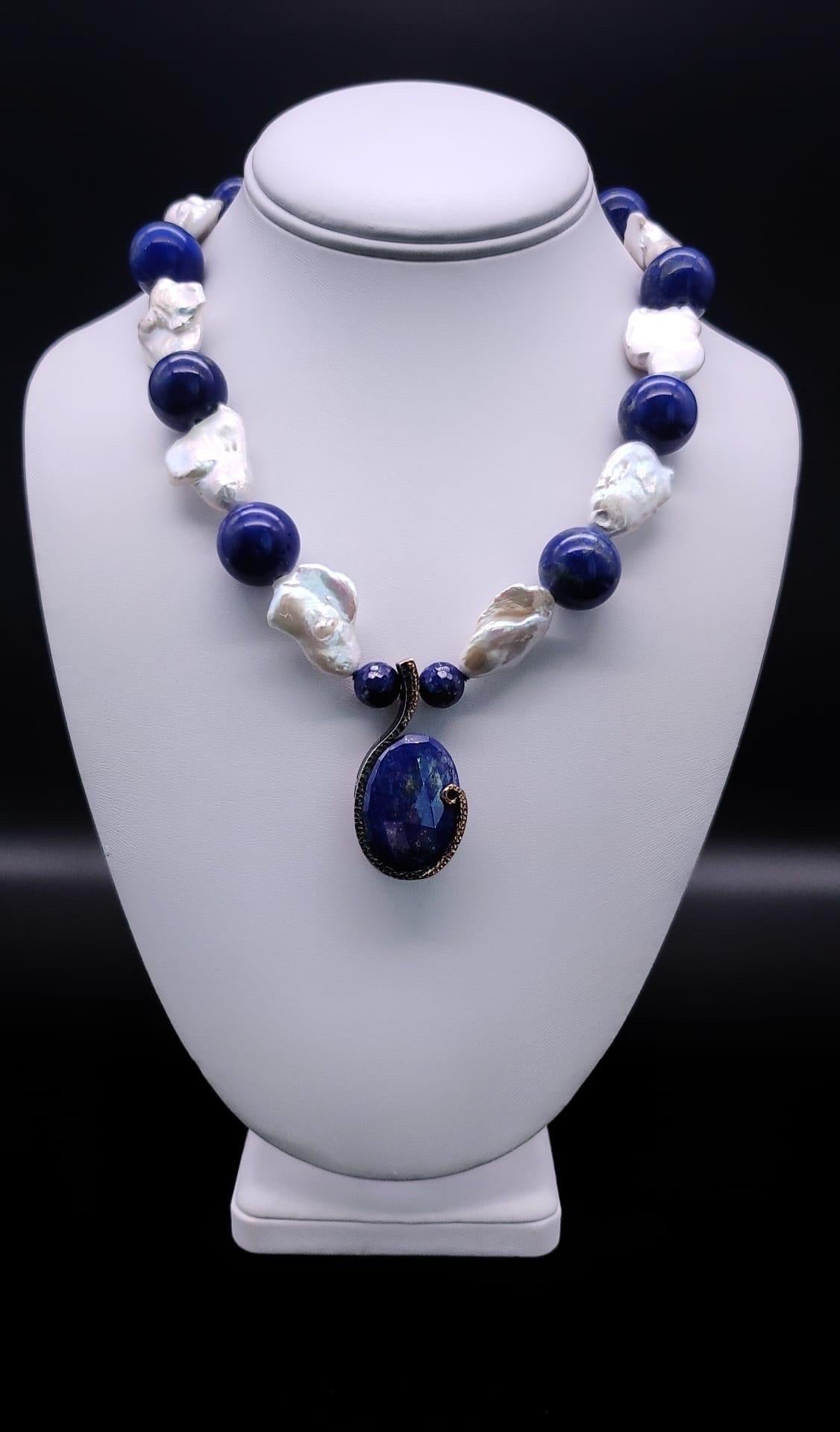 Mixed Cut A.Jeschel Stunning Lapis and Baroque Pearls necklace. For Sale