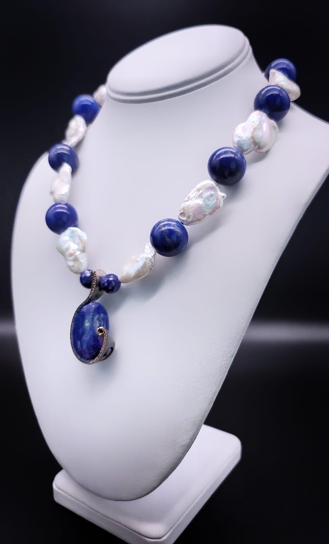 Women's or Men's A.Jeschel Stunning Lapis and Baroque Pearls necklace. For Sale