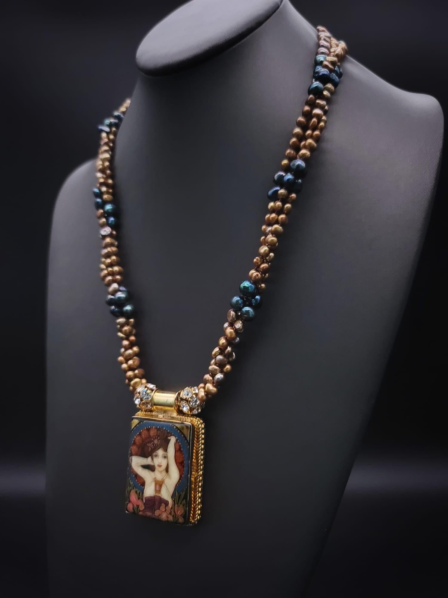 Bead A.Jeschel Fine hand-painted Art Deco enamel pendant and Peacock Pearl necklace. For Sale