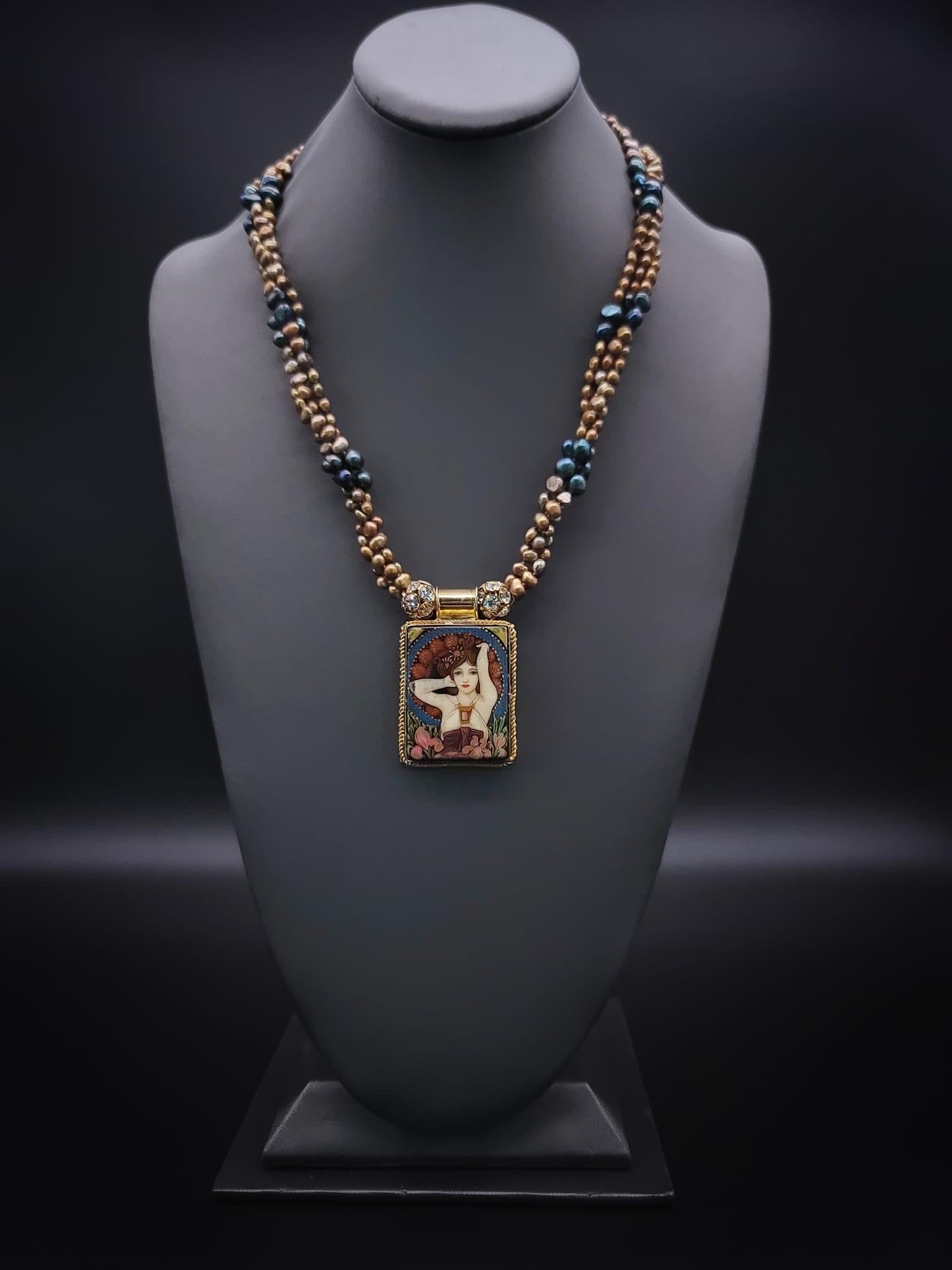 A.Jeschel Fine hand-painted Art Deco enamel pendant and Peacock Pearl necklace. In New Condition For Sale In Miami, FL