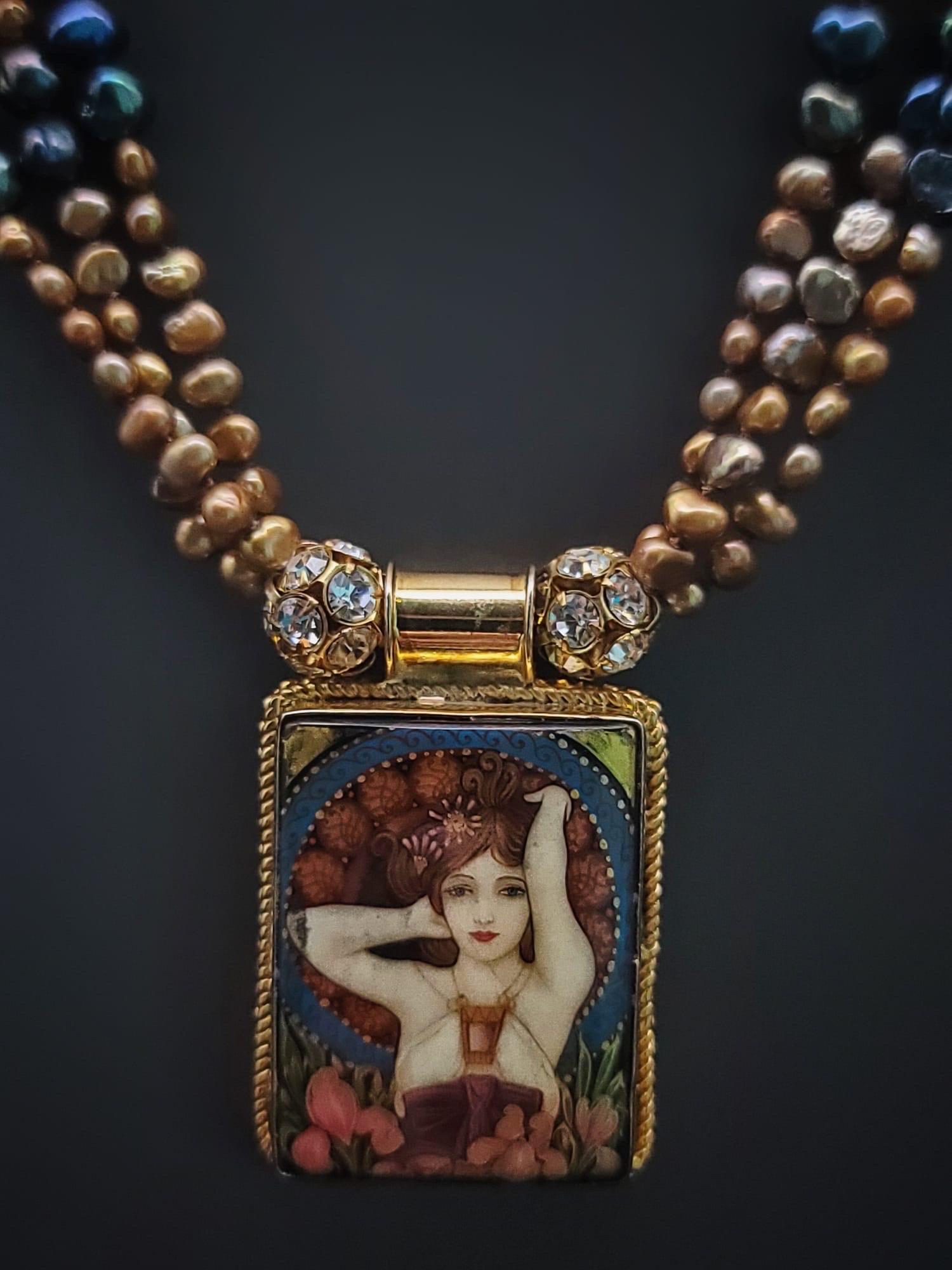 Women's or Men's A.Jeschel Fine hand-painted Art Deco enamel pendant and Peacock Pearl necklace. For Sale
