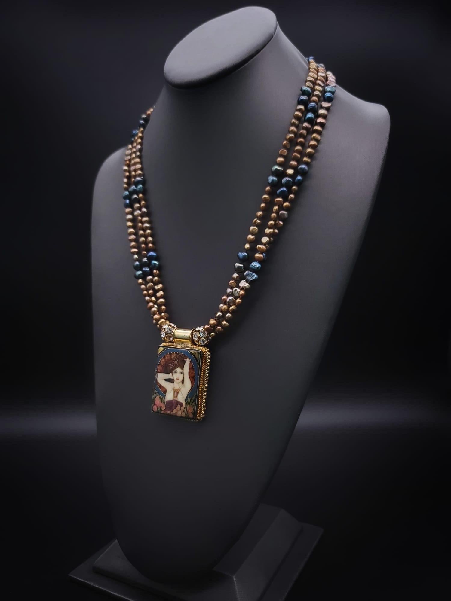 A.Jeschel Fine hand-painted Art Deco enamel pendant and Peacock Pearl necklace. For Sale 2