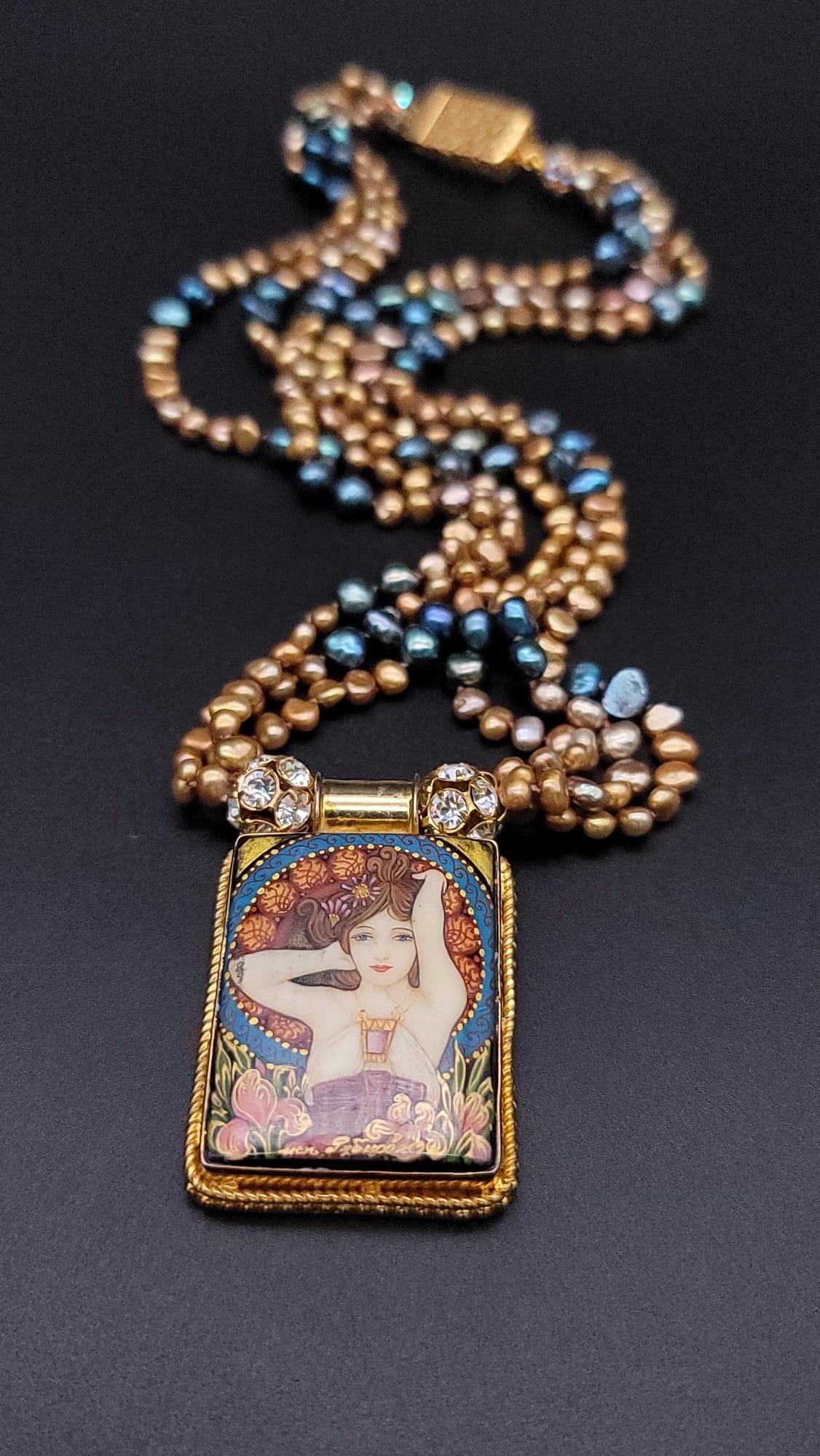 A.Jeschel Fine hand-painted Art Deco enamel pendant and Peacock Pearl necklace. For Sale 3