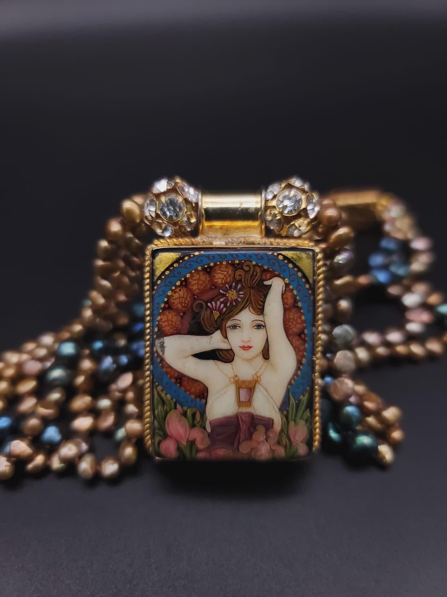 A.Jeschel Fine hand-painted Art Deco enamel pendant and Peacock Pearl necklace. For Sale 9