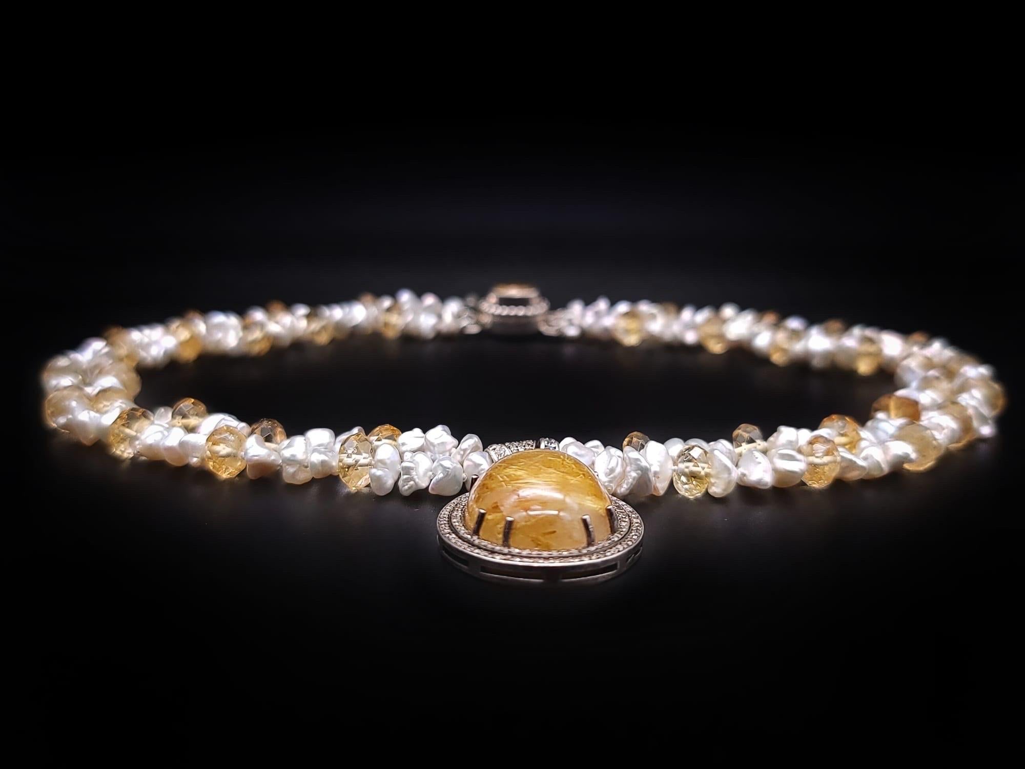Contemporary A.Jeschel Masterpiece of Golden Rutilated Quartz Pendant encircled with Diamonds For Sale
