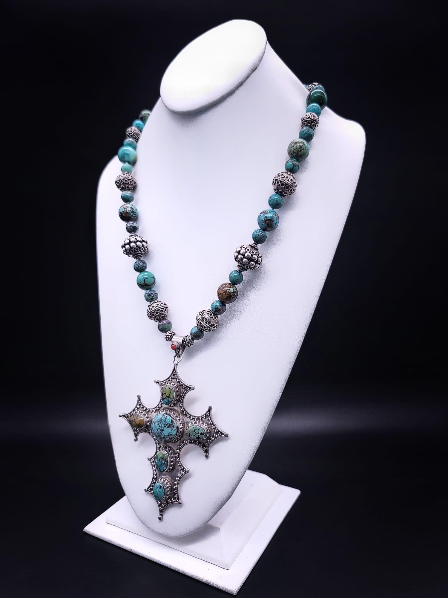 Contemporary A.Jeschel Magnificent Sterling Silver Cross inlaid with Turquoise necklace. For Sale