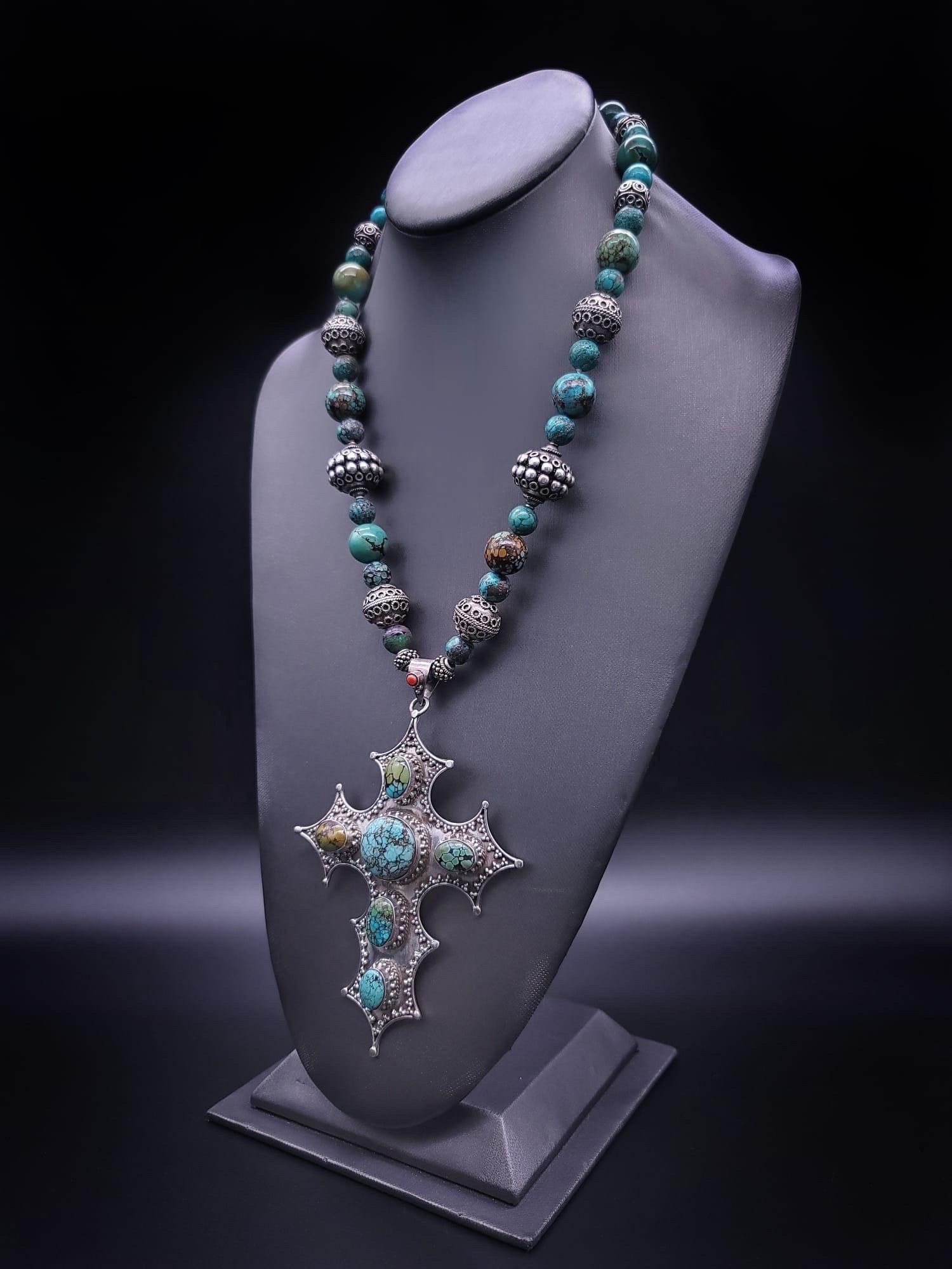 A.Jeschel Magnificent Sterling Silver Cross inlaid with Turquoise necklace. In New Condition For Sale In Miami, FL