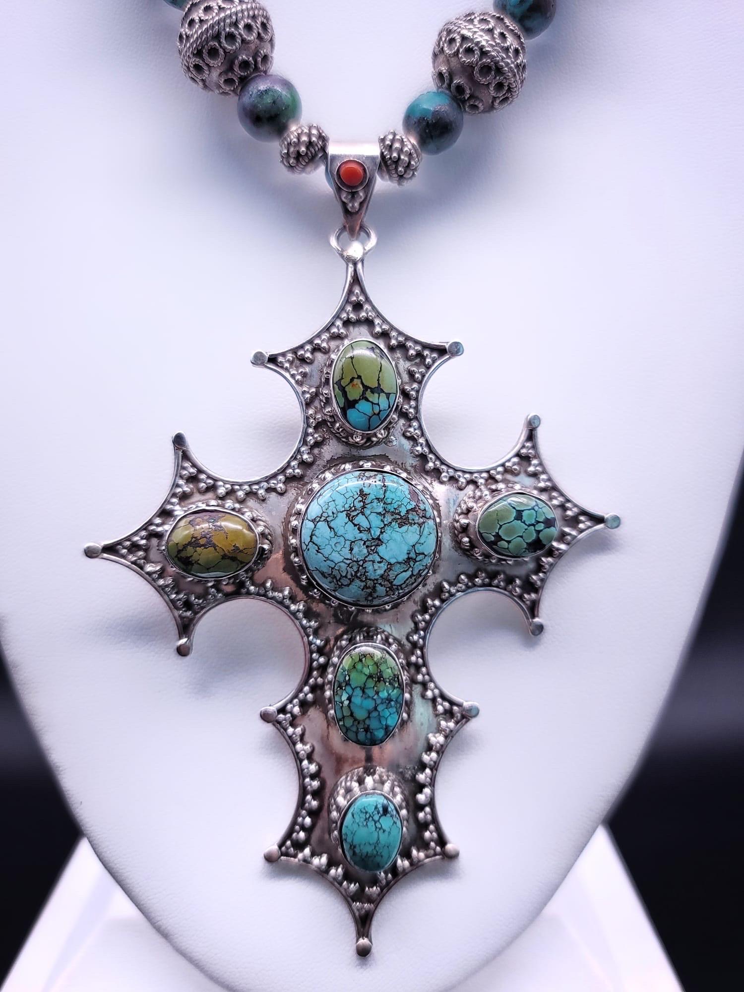 Women's or Men's A.Jeschel Magnificent Sterling Silver Cross inlaid with Turquoise necklace. For Sale