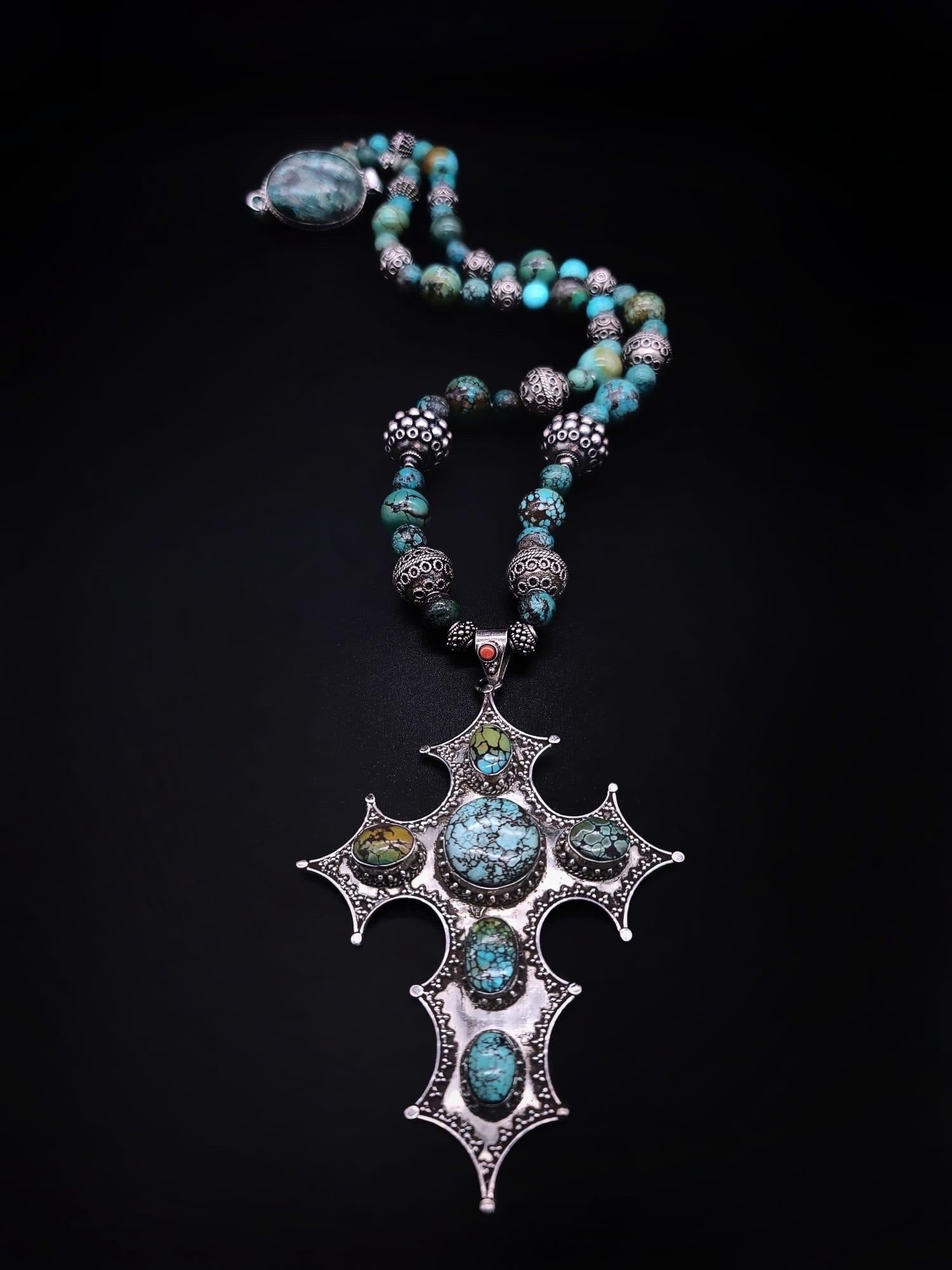 A.Jeschel Magnificent Sterling Silver Cross inlaid with Turquoise necklace. For Sale 2