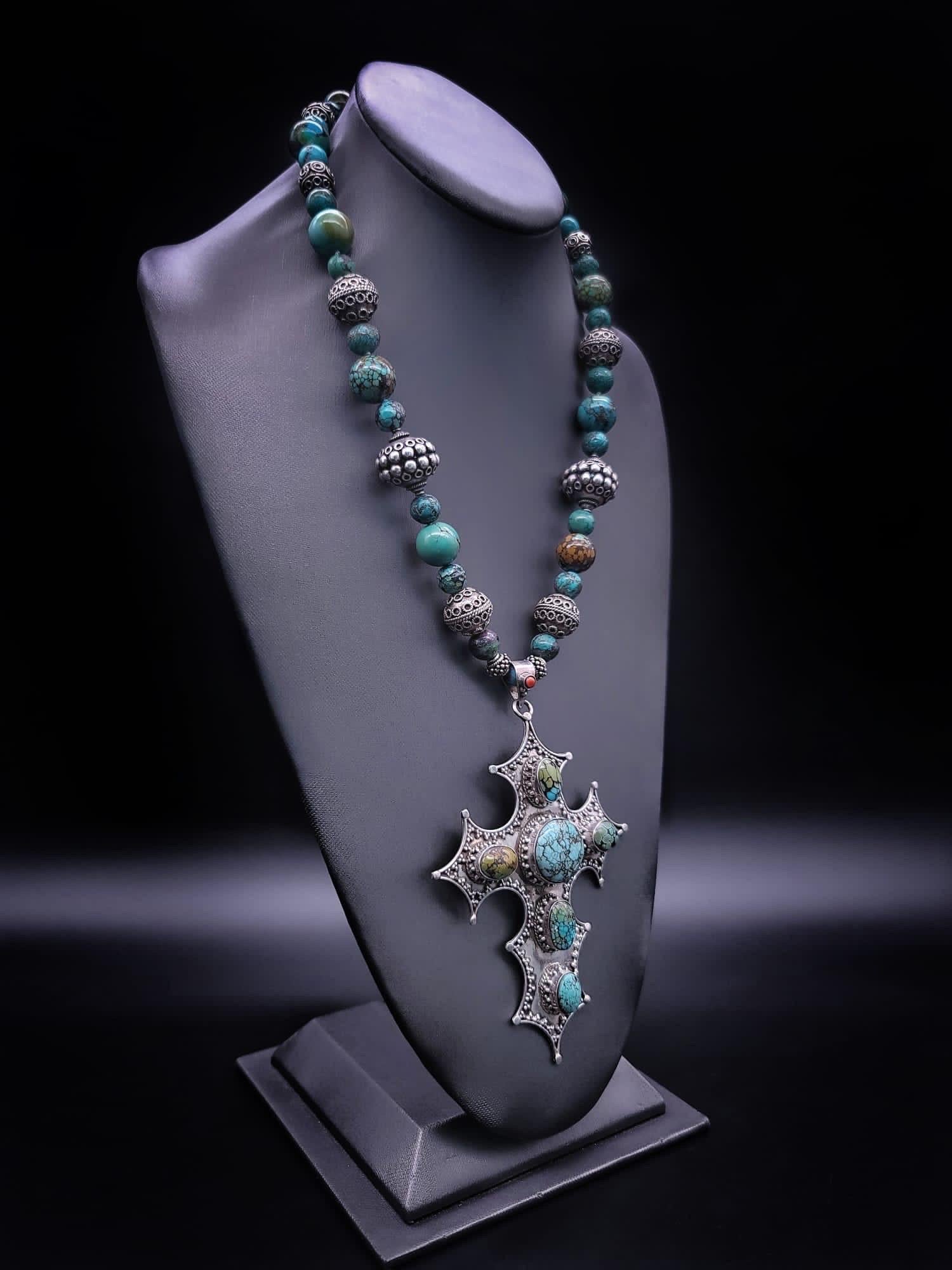 A.Jeschel Magnificent Sterling Silver Cross inlaid with Turquoise necklace. For Sale 1
