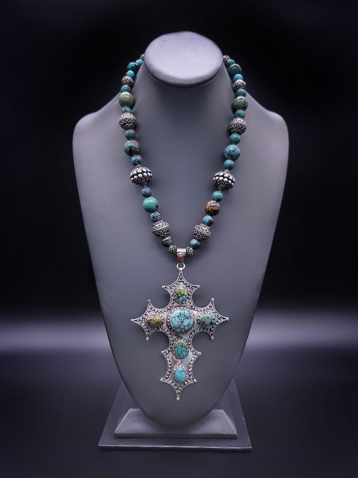 A.Jeschel Magnificent Sterling Silver Cross inlaid with Turquoise necklace. For Sale 3