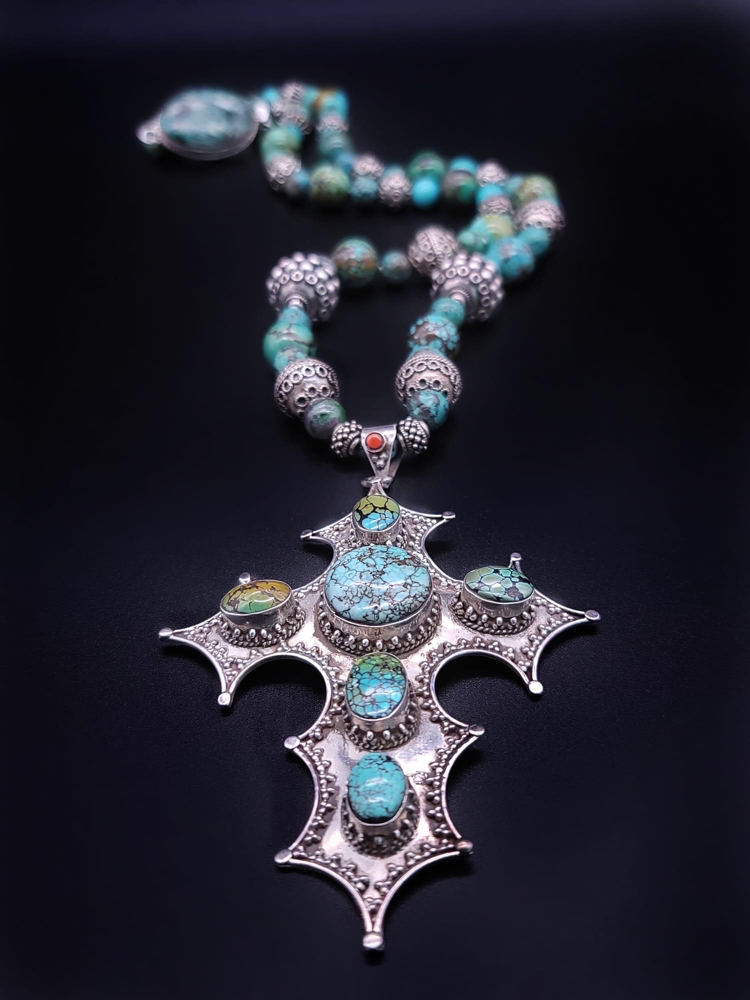 A.Jeschel Magnificent Sterling Silver Cross inlaid with Turquoise necklace. For Sale 7