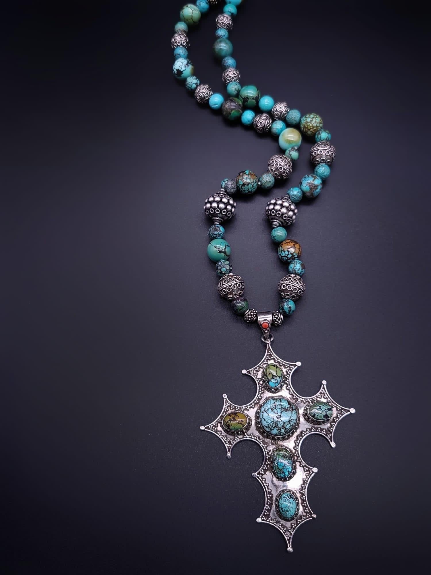 A.Jeschel Magnificent Sterling Silver Cross inlaid with Turquoise necklace. For Sale 9