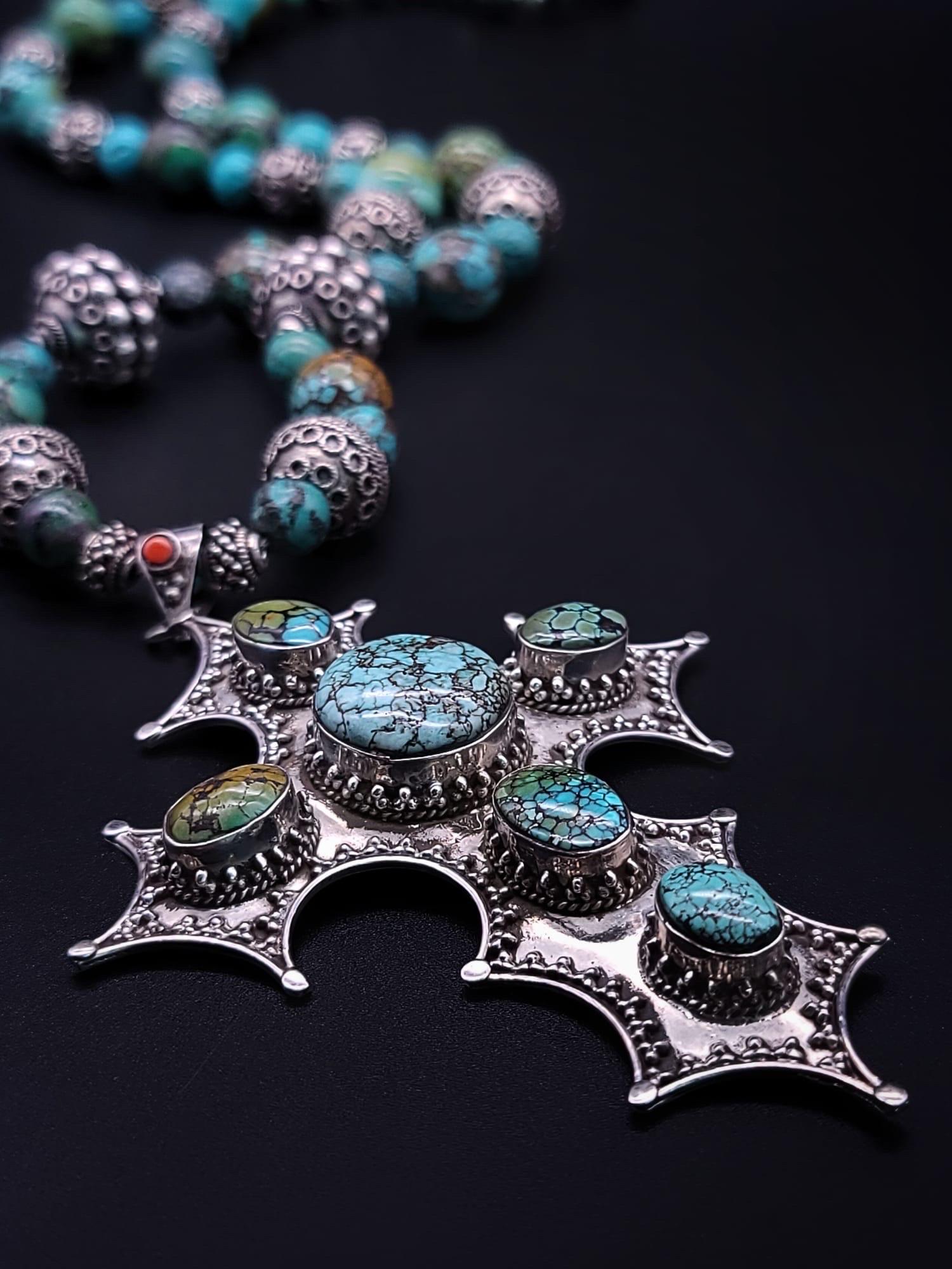 A.Jeschel Magnificent Sterling Silver Cross inlaid with Turquoise necklace. For Sale 10