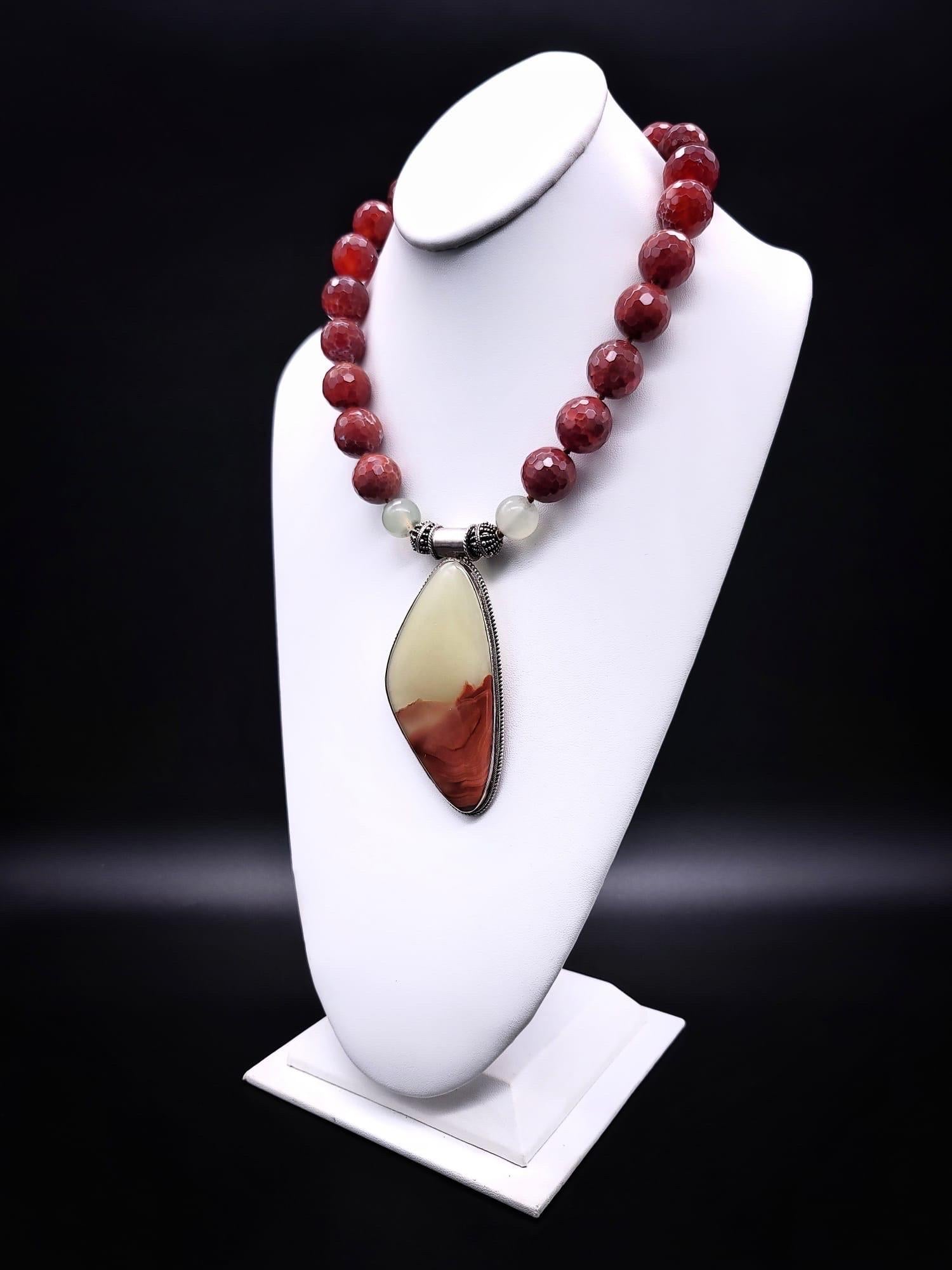 Mixed Cut A.Jeschel Show-stopping pale green onyx  and Fire Opal necklace. For Sale