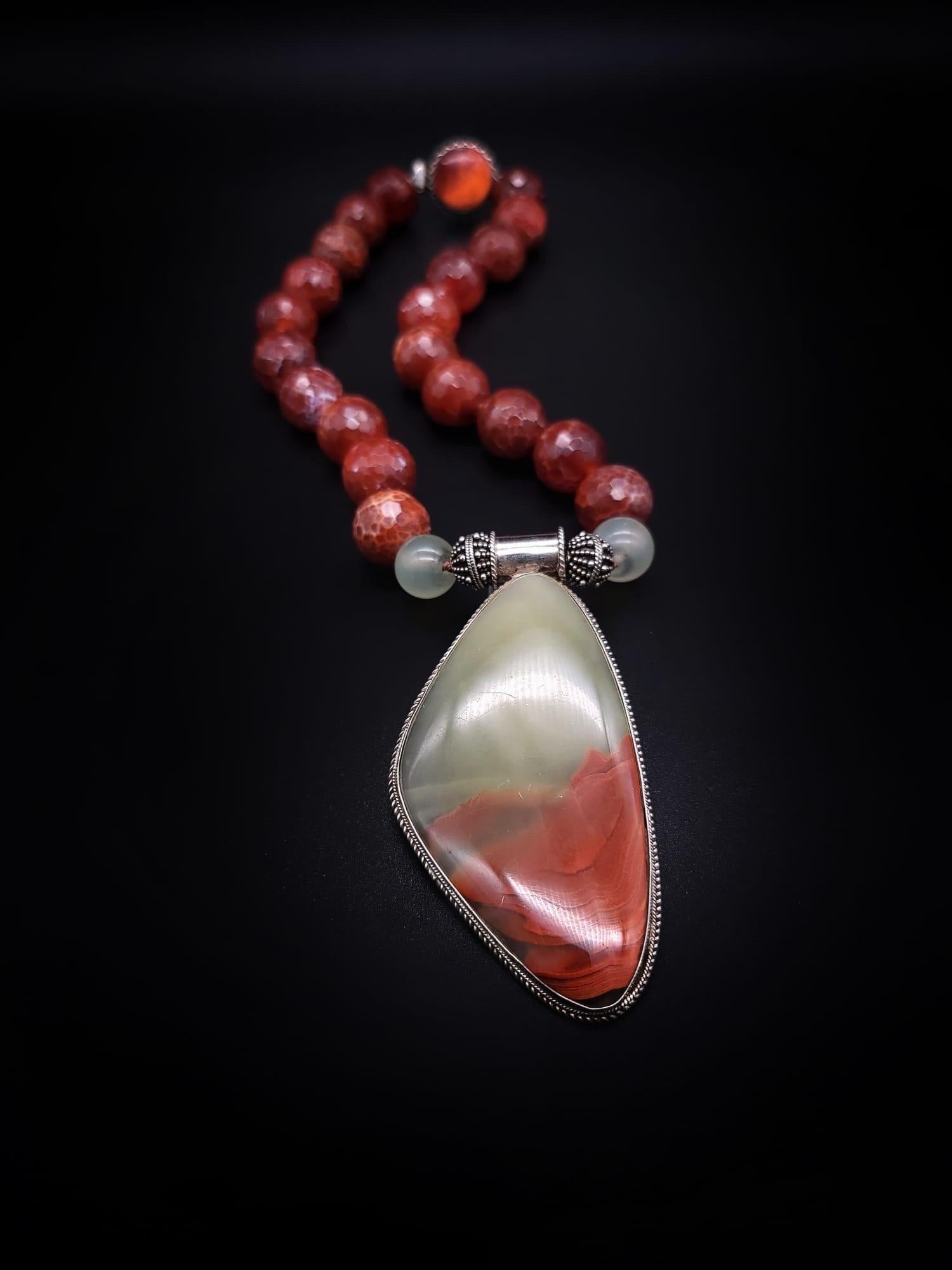 A.Jeschel Show-stopping pale green onyx  and Fire Opal necklace. For Sale 4