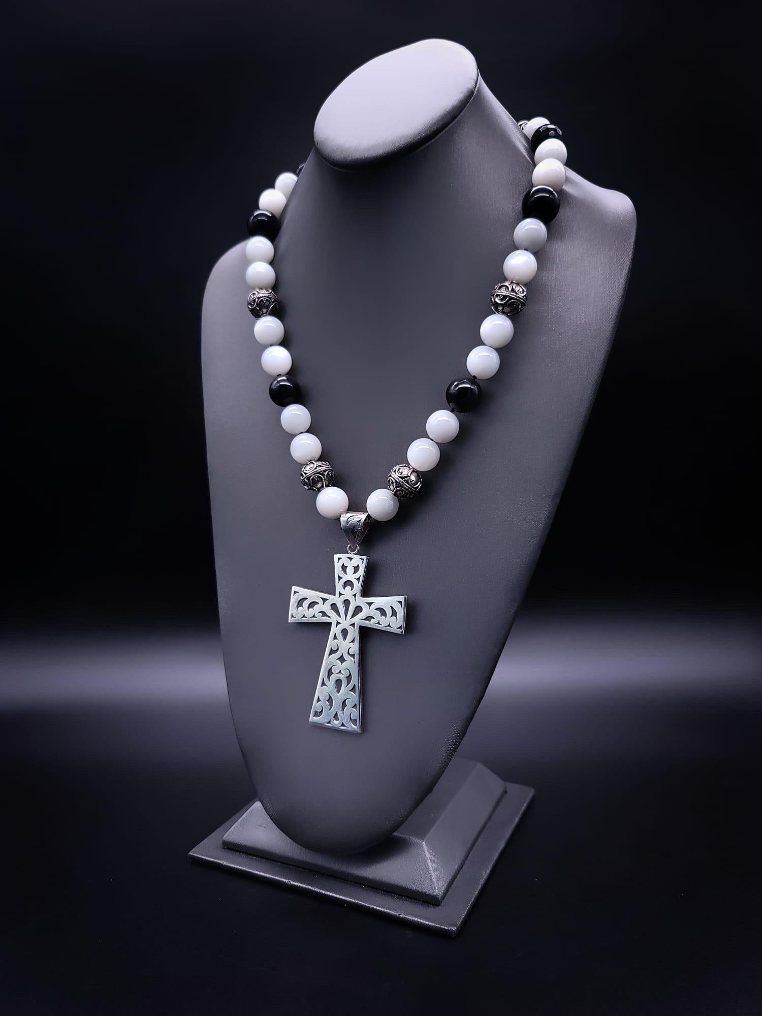 Mixed Cut A.Jeschel Large Sterling Silver Cross hangs from a Moonstone and Onyx Necklace For Sale