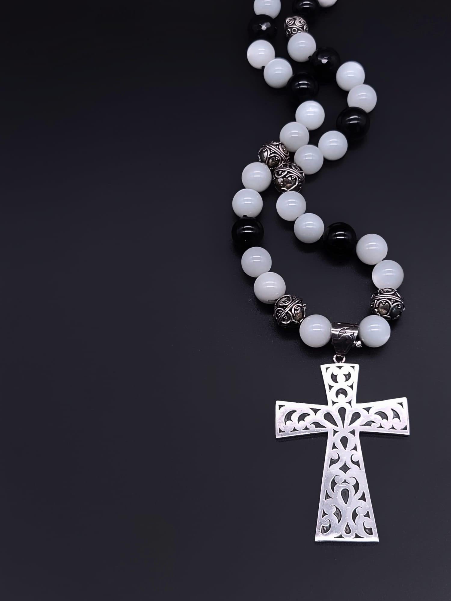 A.Jeschel Large Sterling Silver Cross hangs from a Moonstone and Onyx Necklace For Sale 2