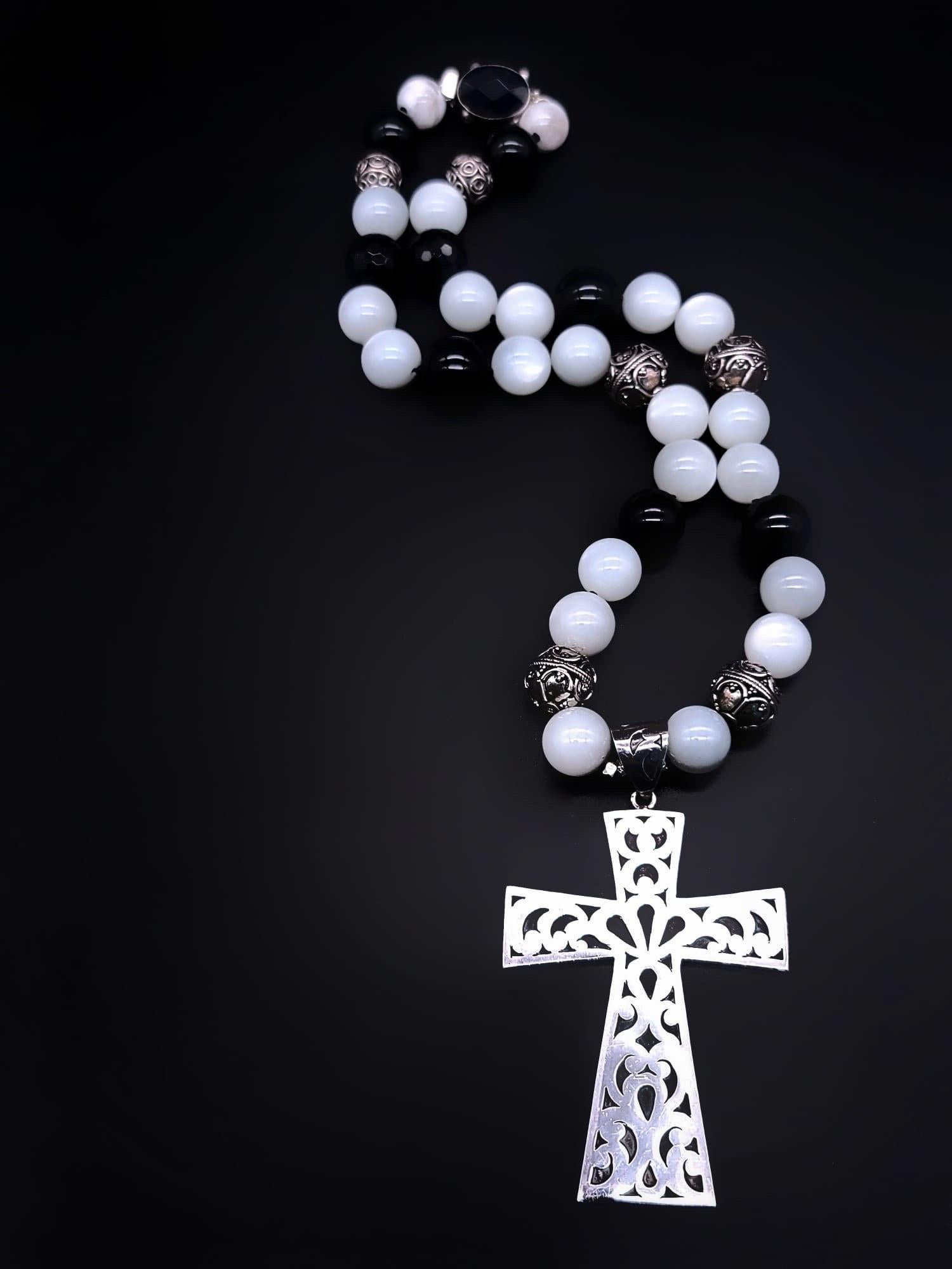 A.Jeschel Large Sterling Silver Cross hangs from a Moonstone and Onyx Necklace For Sale 4