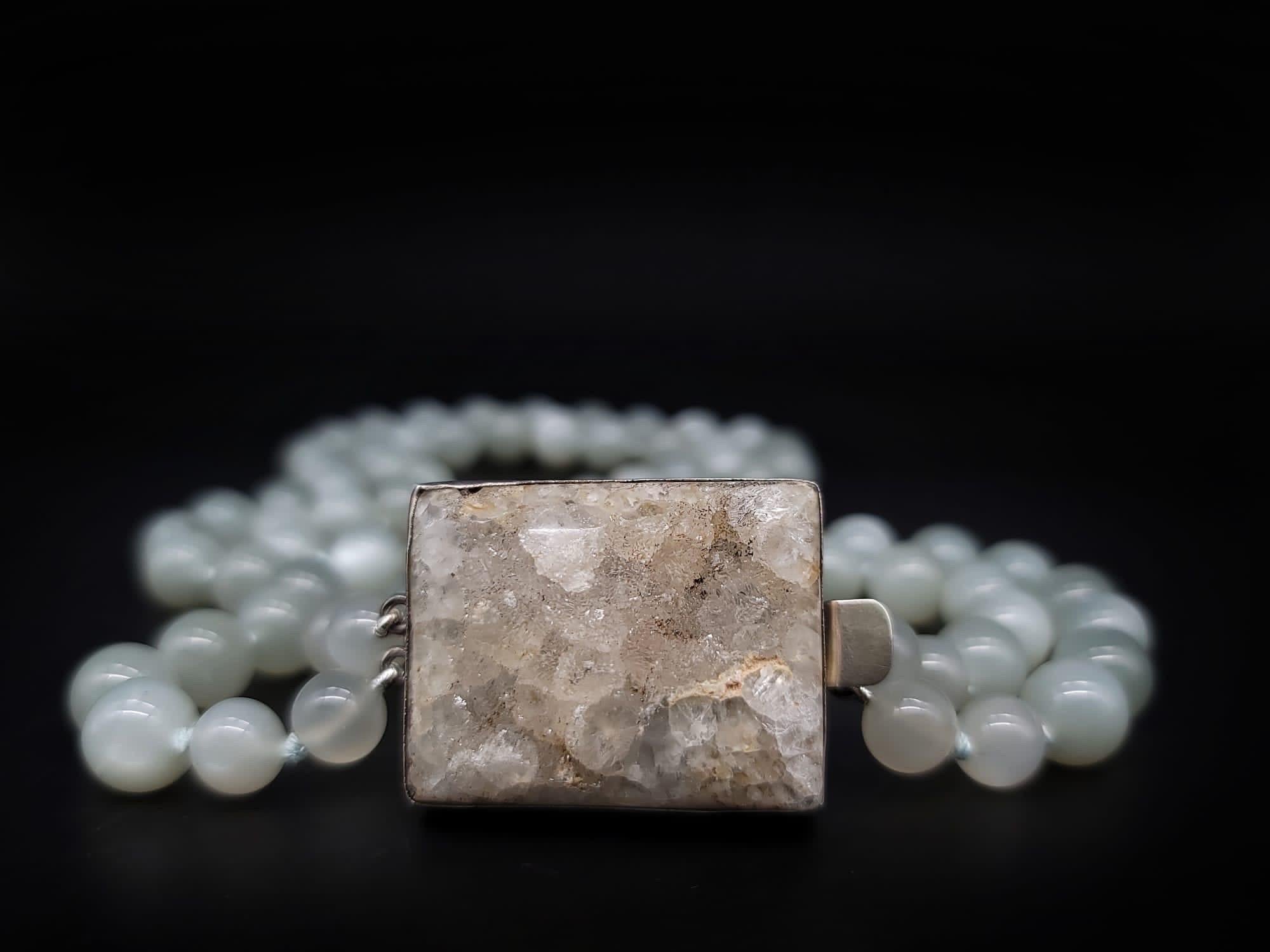 Contemporary A.Jeschel Soft gray Moonstone necklace with a dramatic Druzy clasp. For Sale