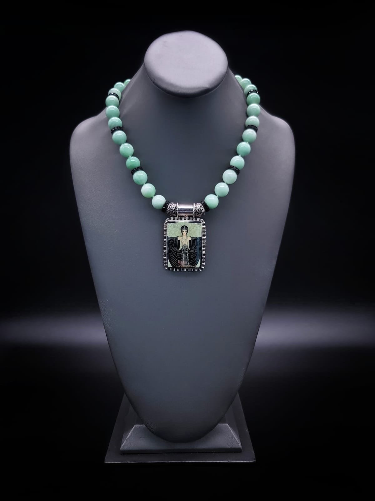 A.Jeschel Green Moonstone necklace with Erte Art Deco pendant .
