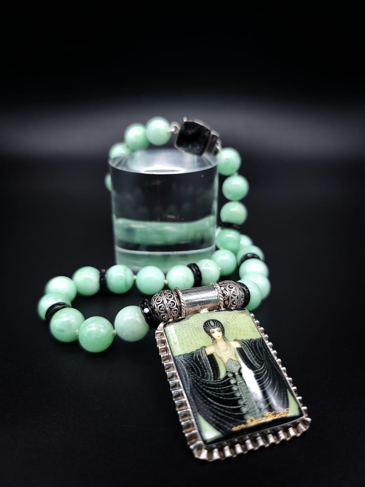 A.Jeschel Green Moonstone necklace with Erte Art Deco pendant . For Sale 2