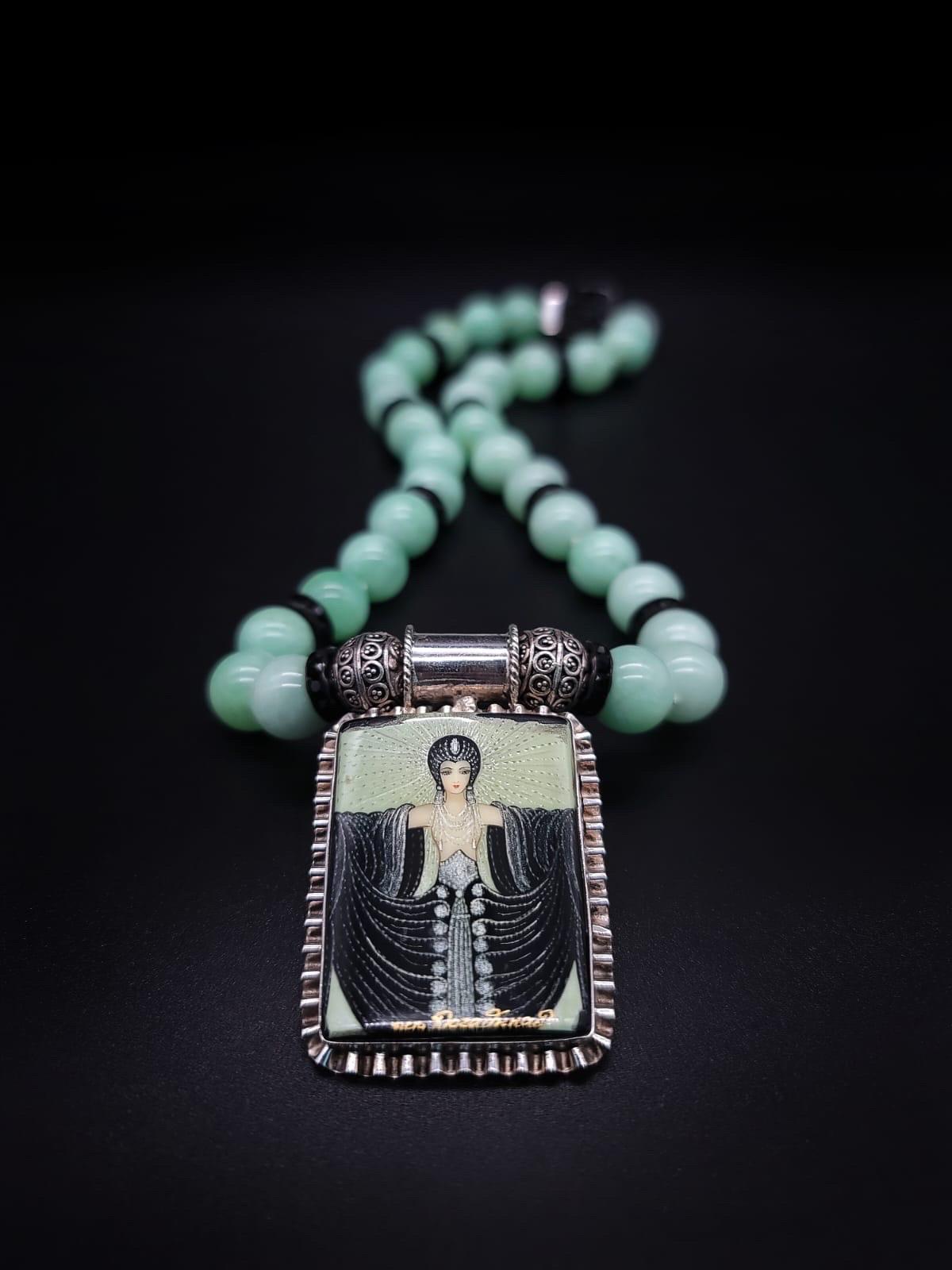 A.Jeschel Green Moonstone necklace with Erte Art Deco pendant . For Sale 5