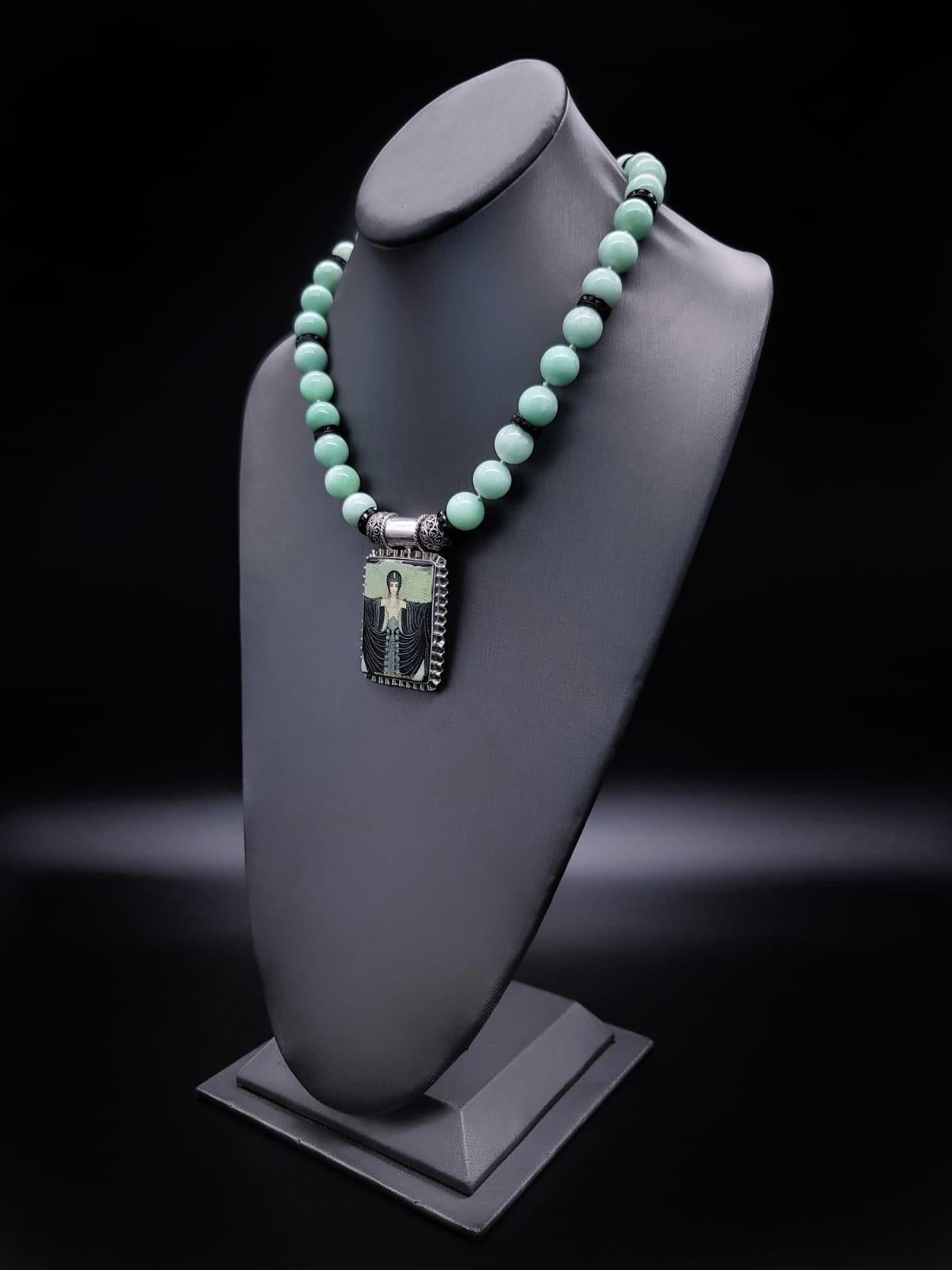 A.Jeschel Green Moonstone necklace with Erte Art Deco pendant . For Sale 7