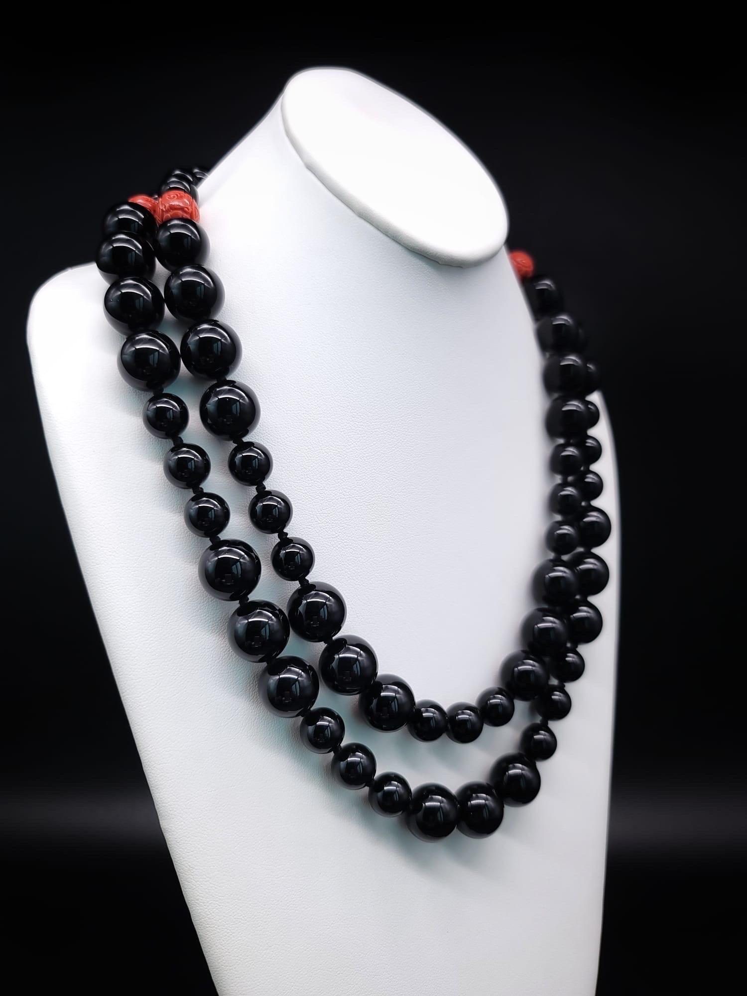 Contemporary A.Jeschel Stunning Onyx necklace with carved Cinnabar clasp.