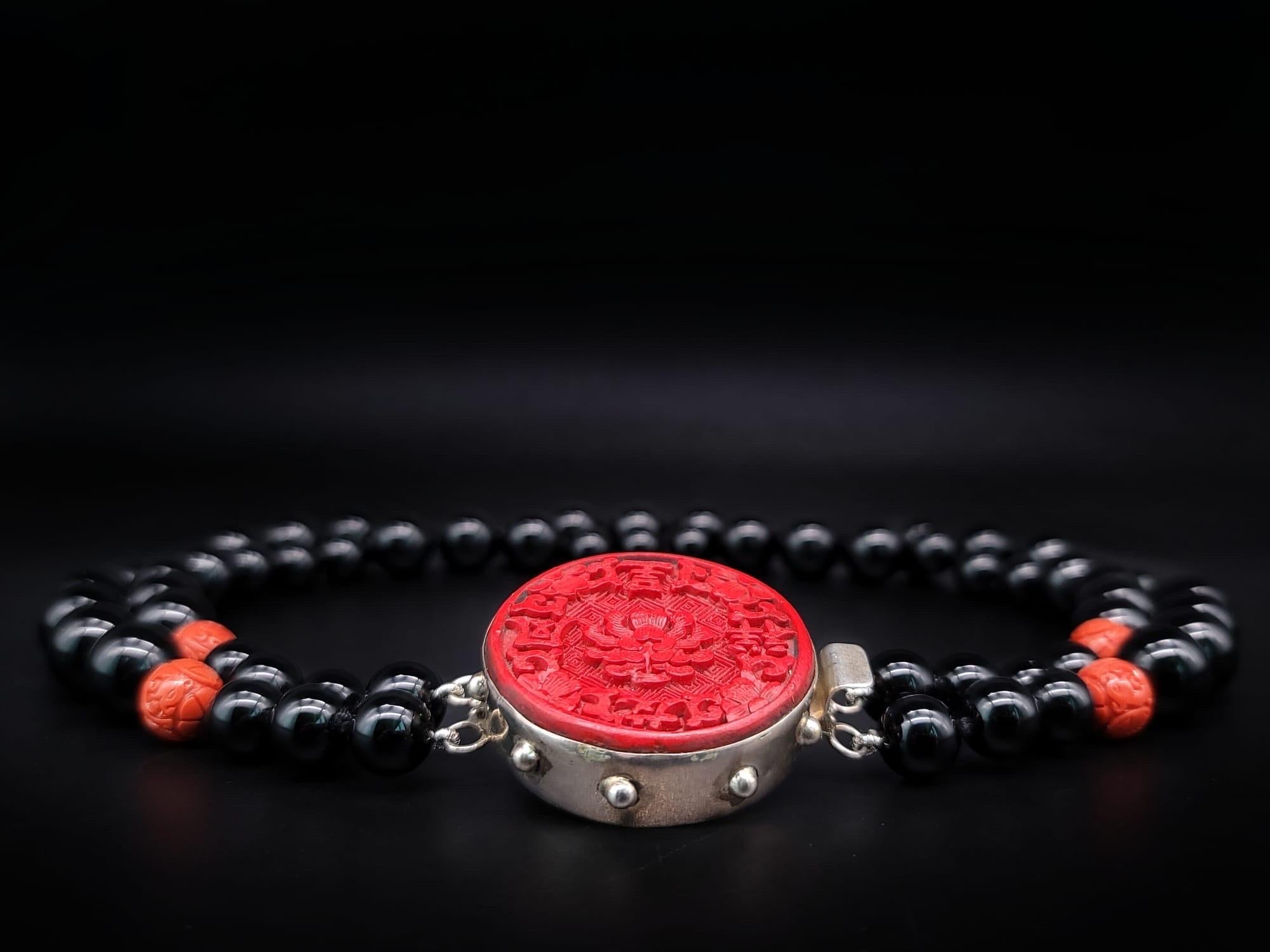Women's or Men's A.Jeschel Stunning Onyx necklace with carved Cinnabar clasp.