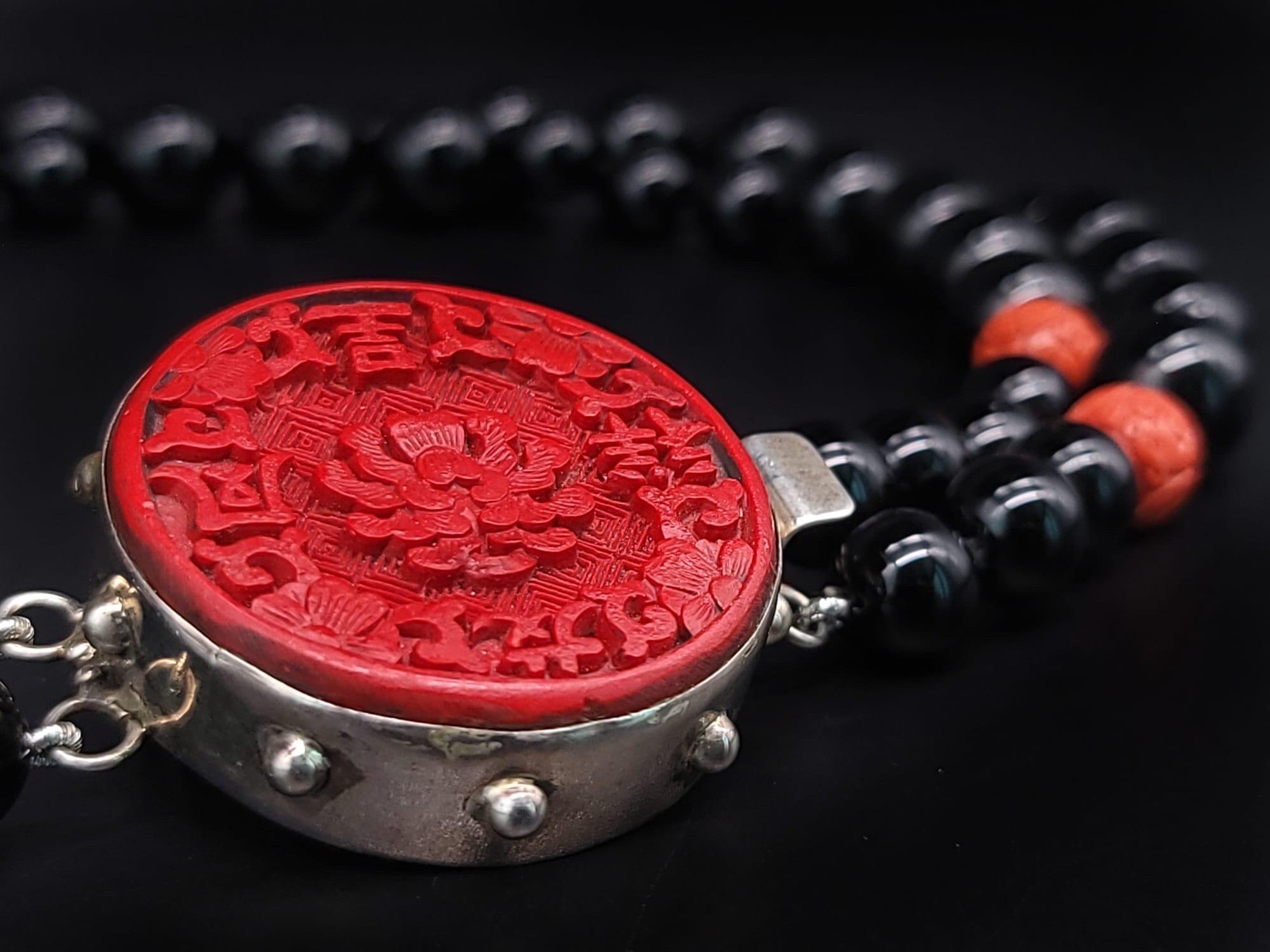 A.Jeschel Stunning Onyx necklace with carved Cinnabar clasp. In New Condition In Miami, FL