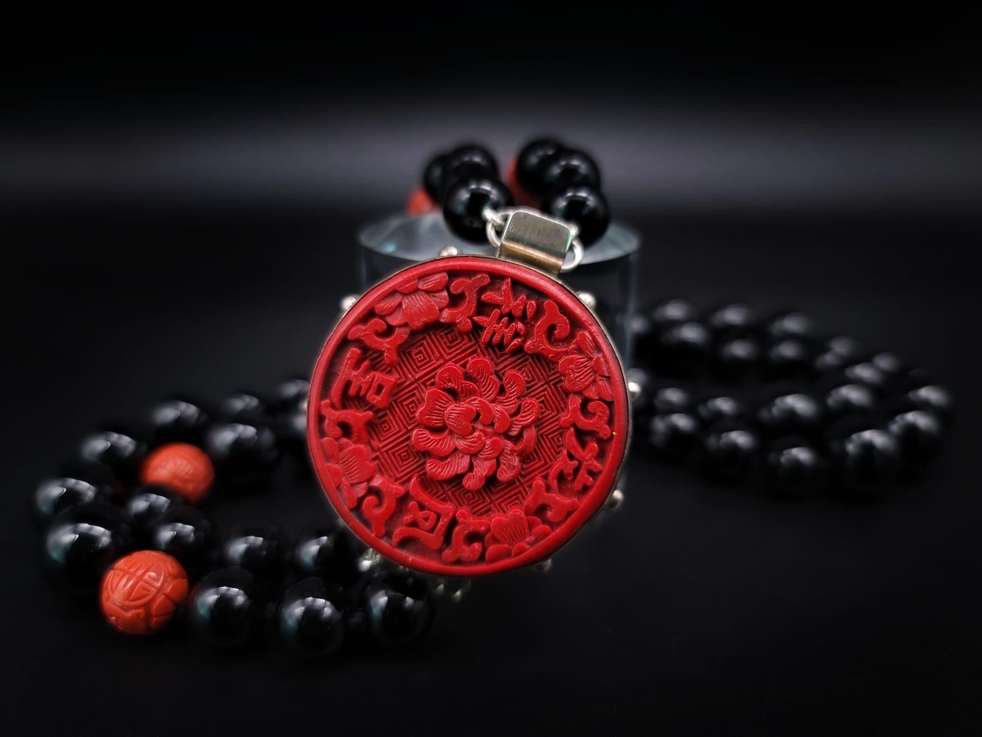 A.Jeschel Stunning Onyx necklace with carved Cinnabar clasp. 5