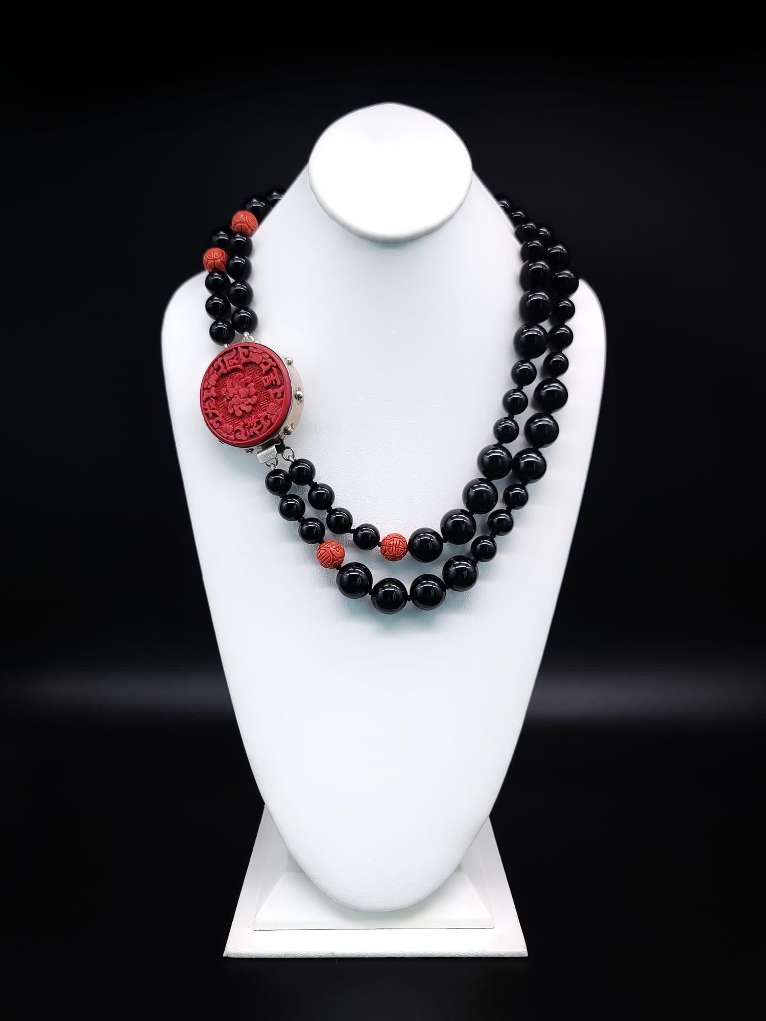 A.Jeschel Stunning Onyx necklace with carved Cinnabar clasp. 7