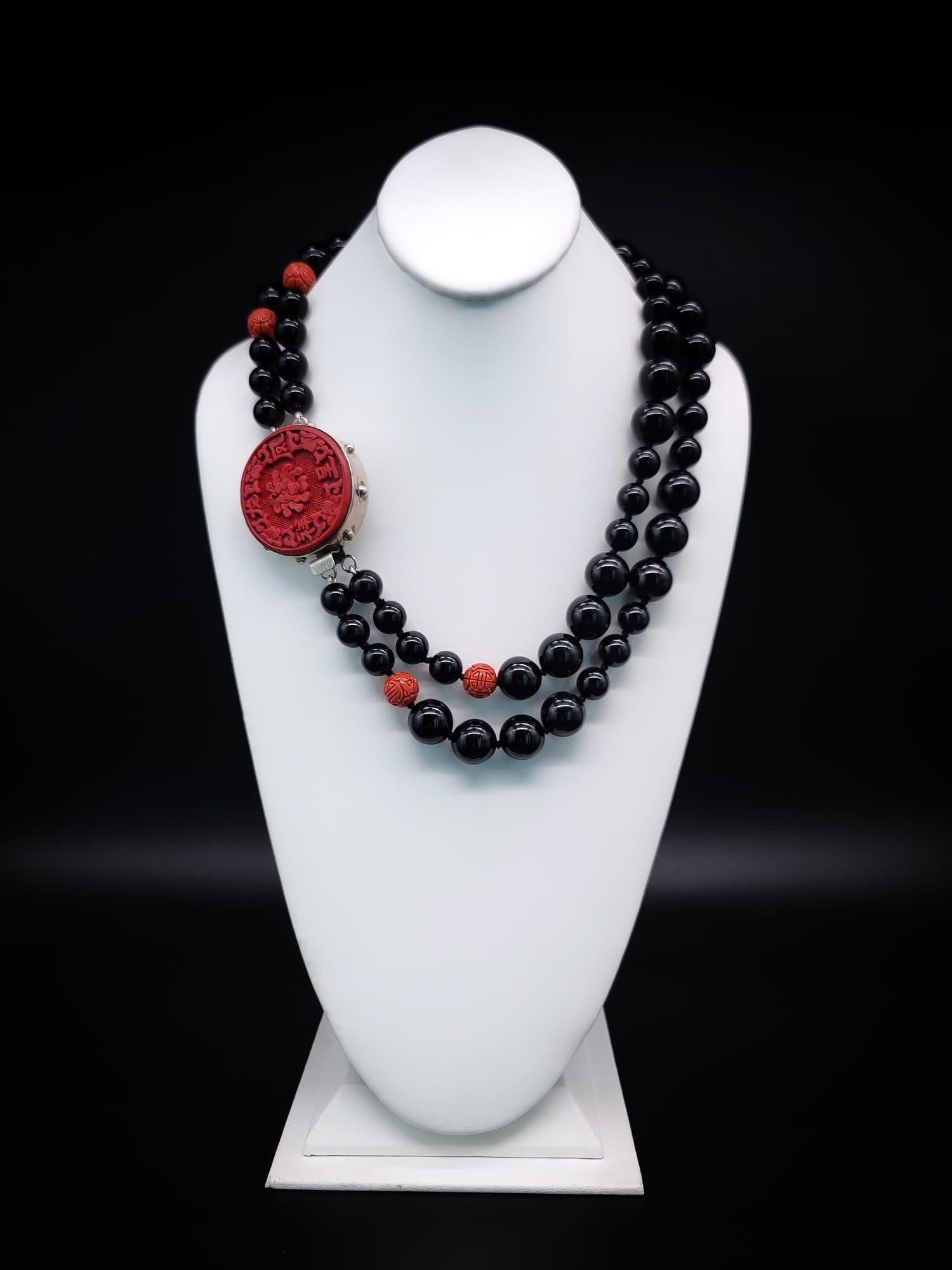 A.Jeschel Stunning Onyx necklace with carved Cinnabar clasp. 8
