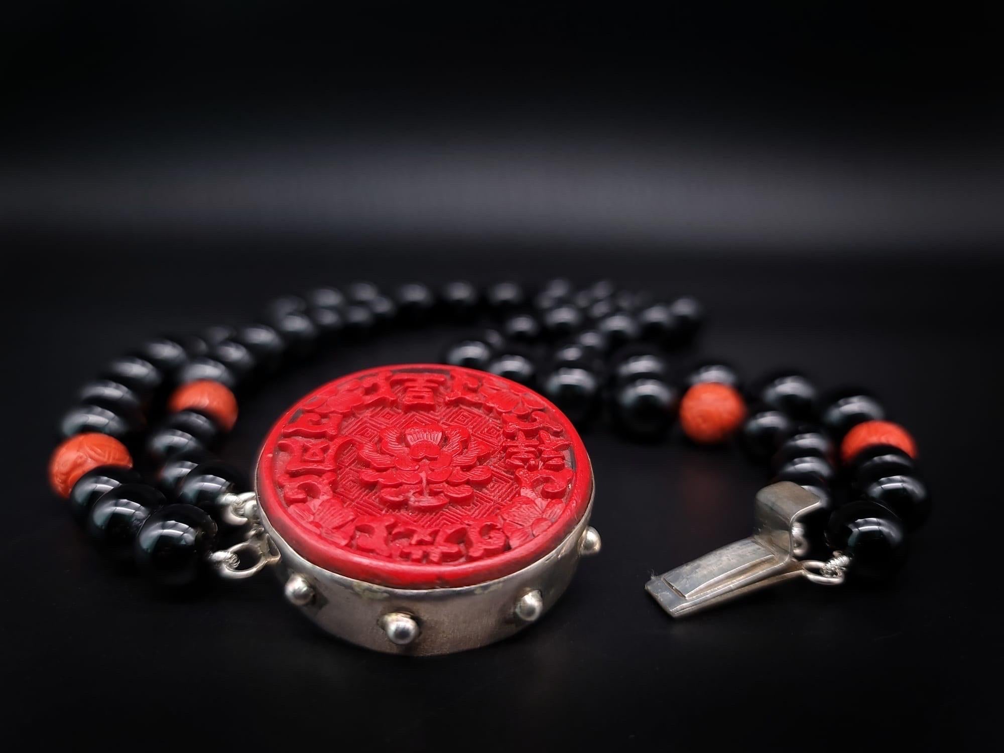 A.Jeschel Stunning Onyx necklace with carved Cinnabar clasp. 9