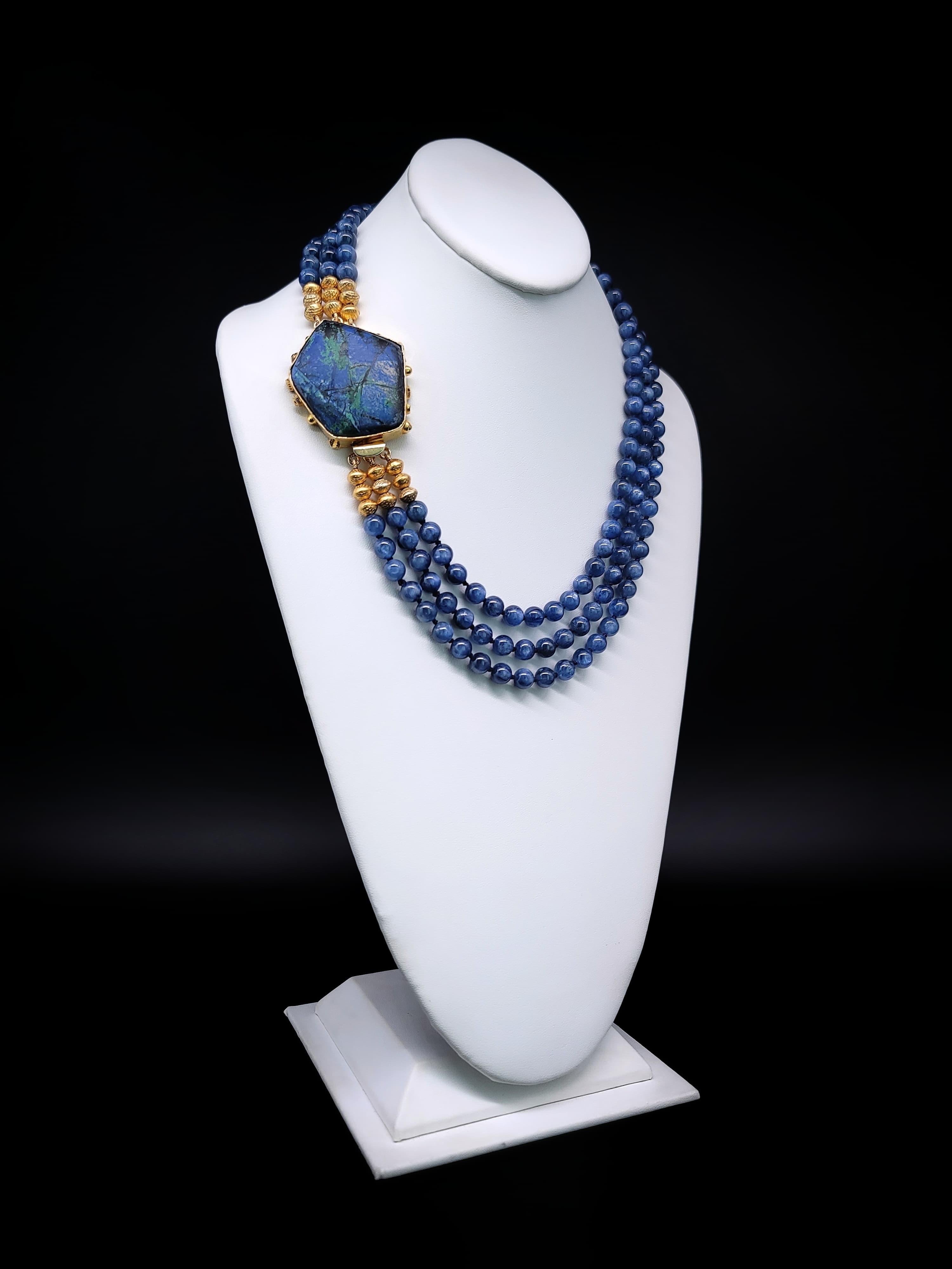 Women's or Men's A.Jeschel Polished Kyanite beads necklace with a Chrysocolla clasp. For Sale