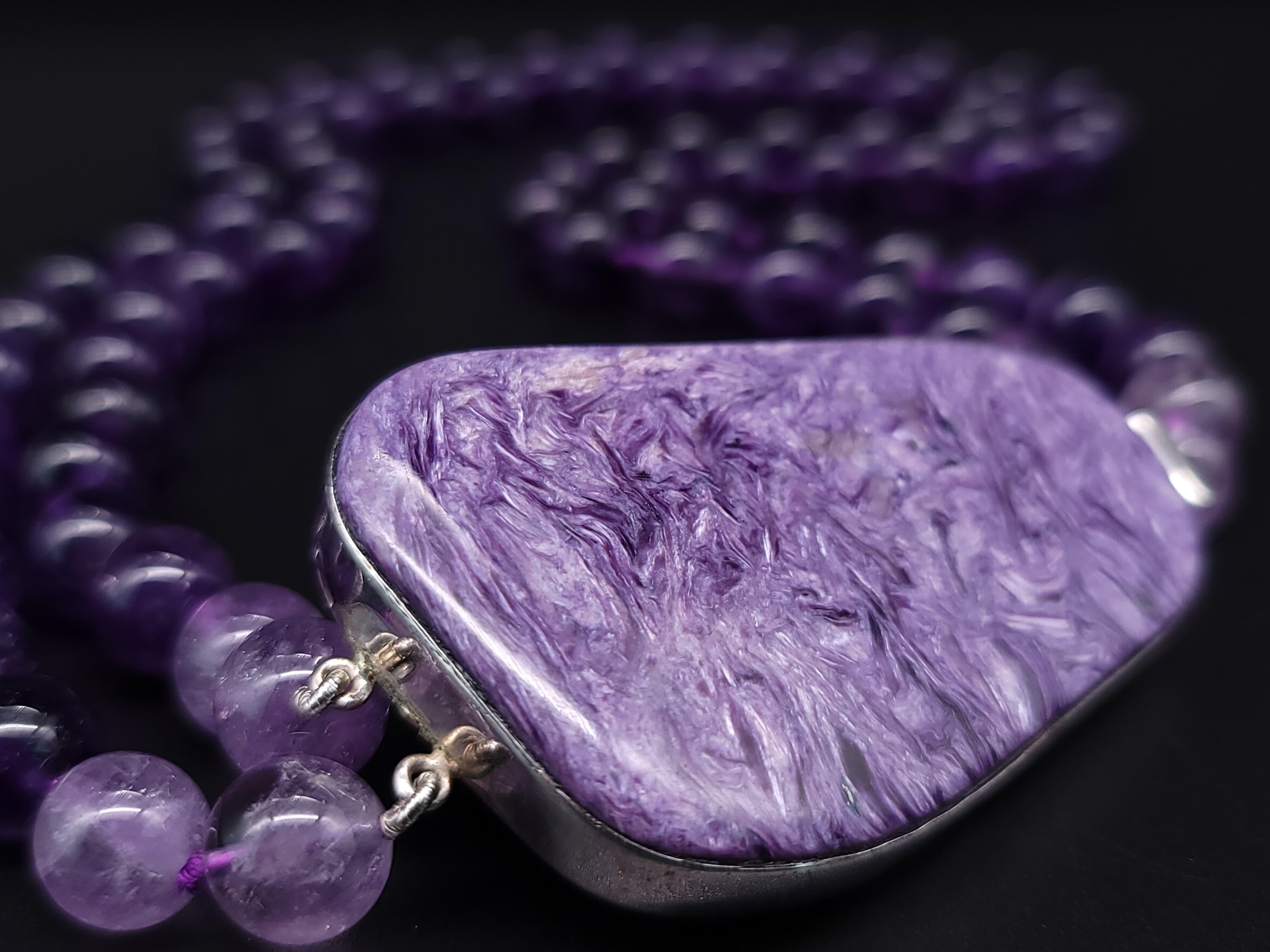 A.Jeschel 2 Strand Amethyst Necklace with a Spectacular Charoite Clasp. In New Condition For Sale In Miami, FL