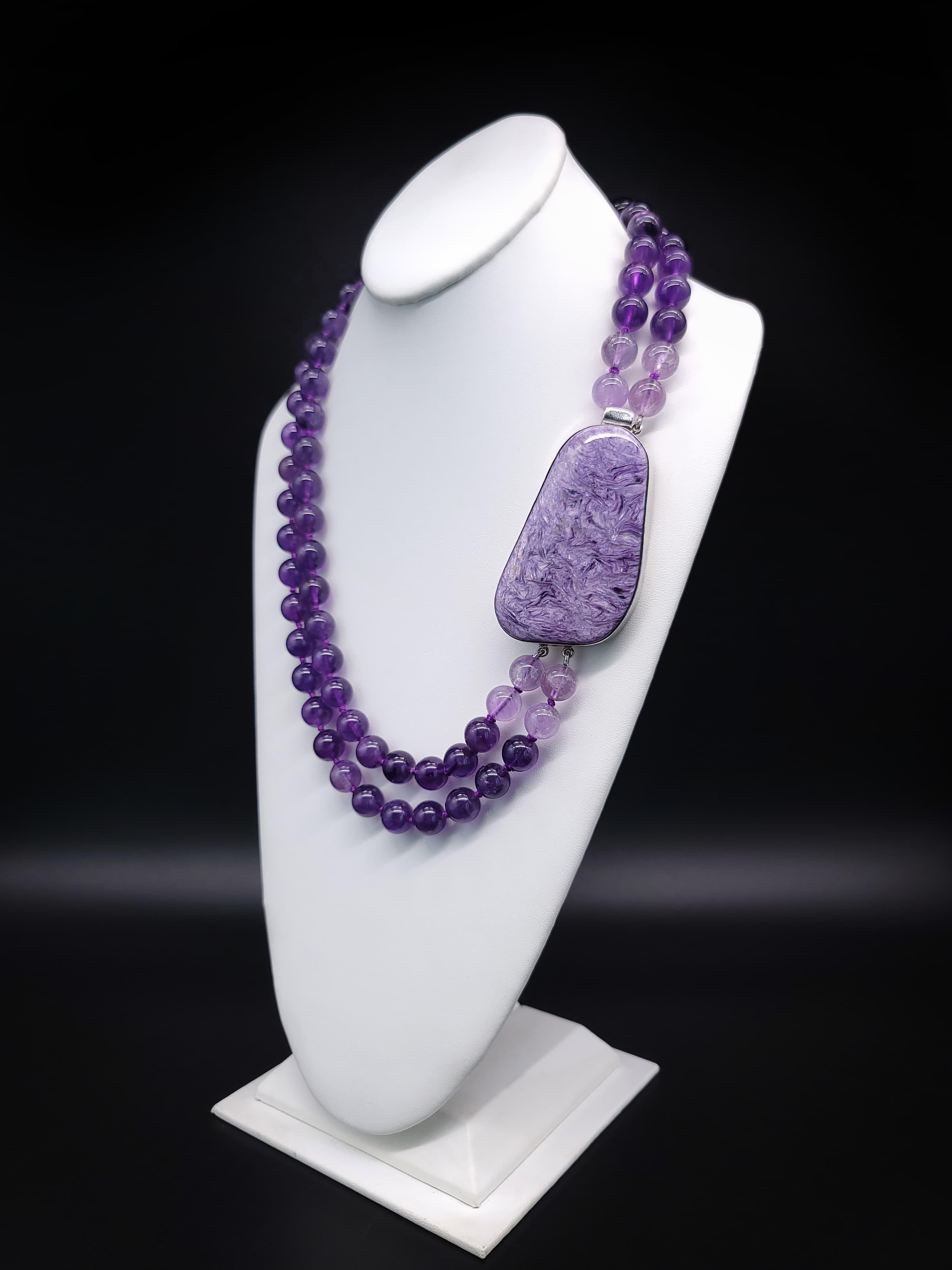 Women's or Men's A.Jeschel 2 Strand Amethyst Necklace with a Spectacular Charoite Clasp. For Sale