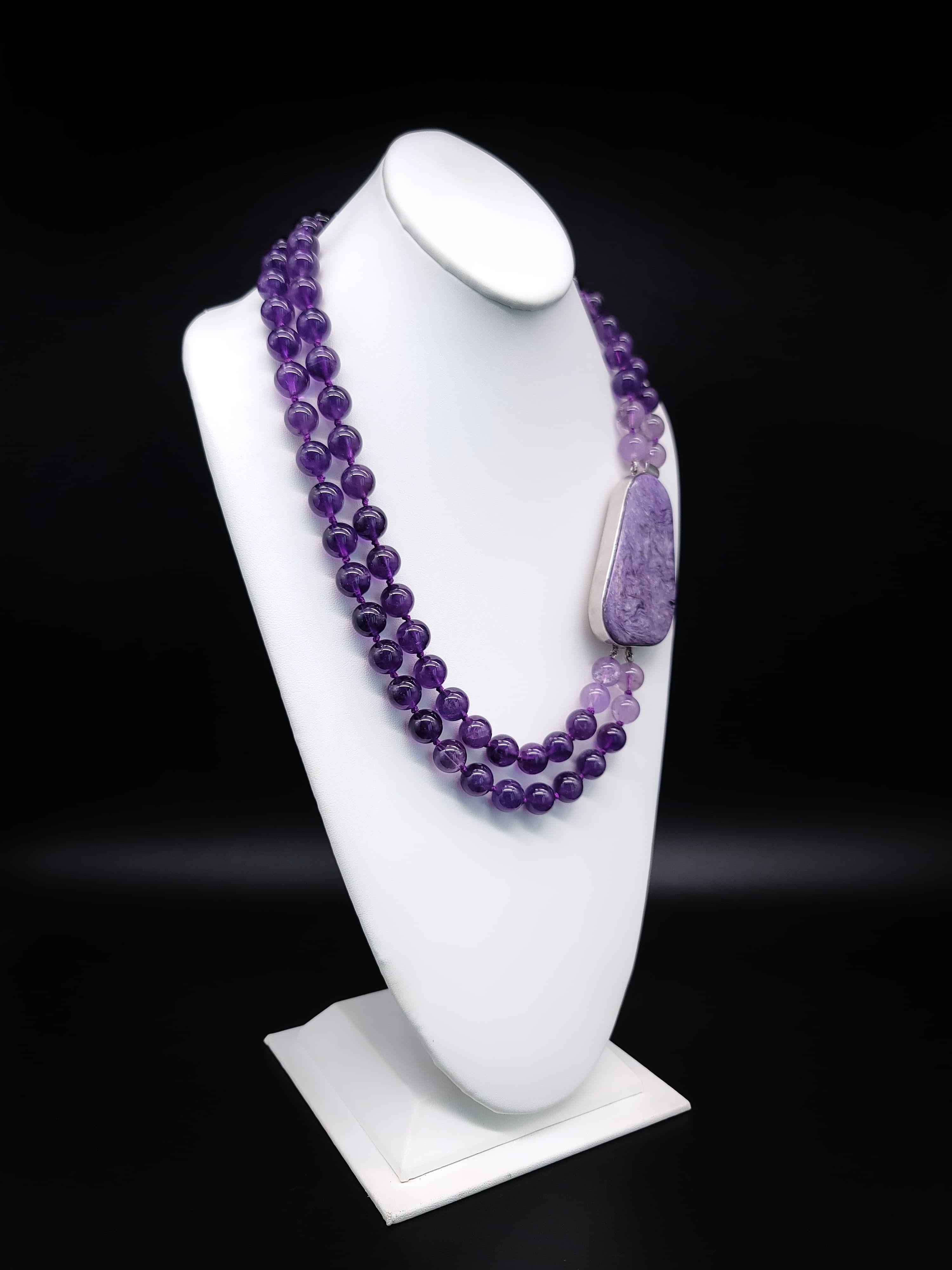 Contemporary A.Jeschel 2 Strand Amethyst Necklace with a Spectacular Charoite Clasp. For Sale