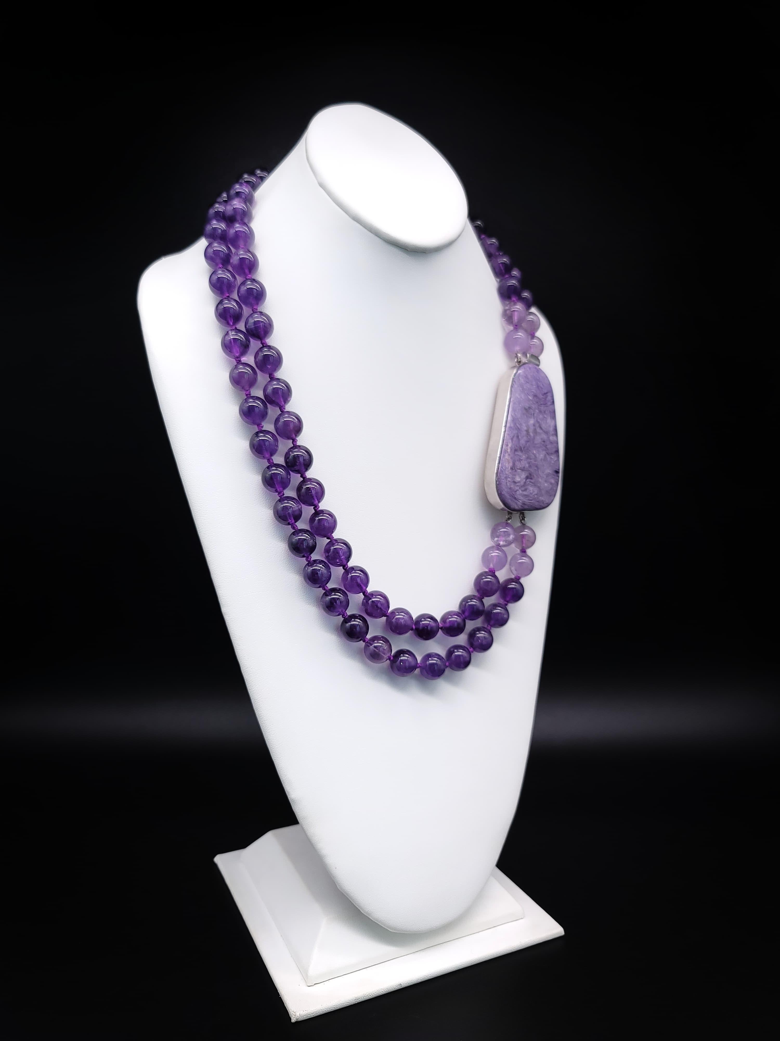 A.Jeschel 2 Strand Amethyst Necklace with a Spectacular Charoite Clasp. For Sale 1